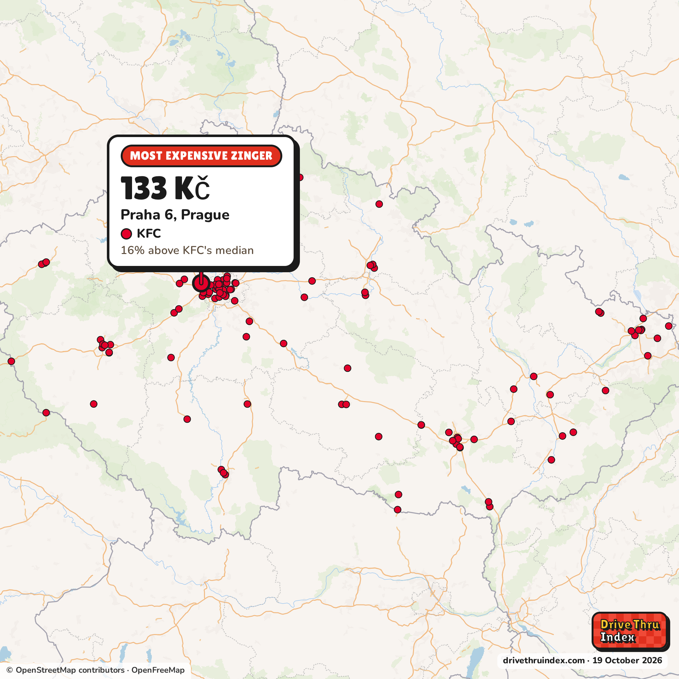 Map of Czechia marking each chain's most expensive restaurant: KFC Zinger, 133 Kč in Praha 6, Prague, 16% above its median.