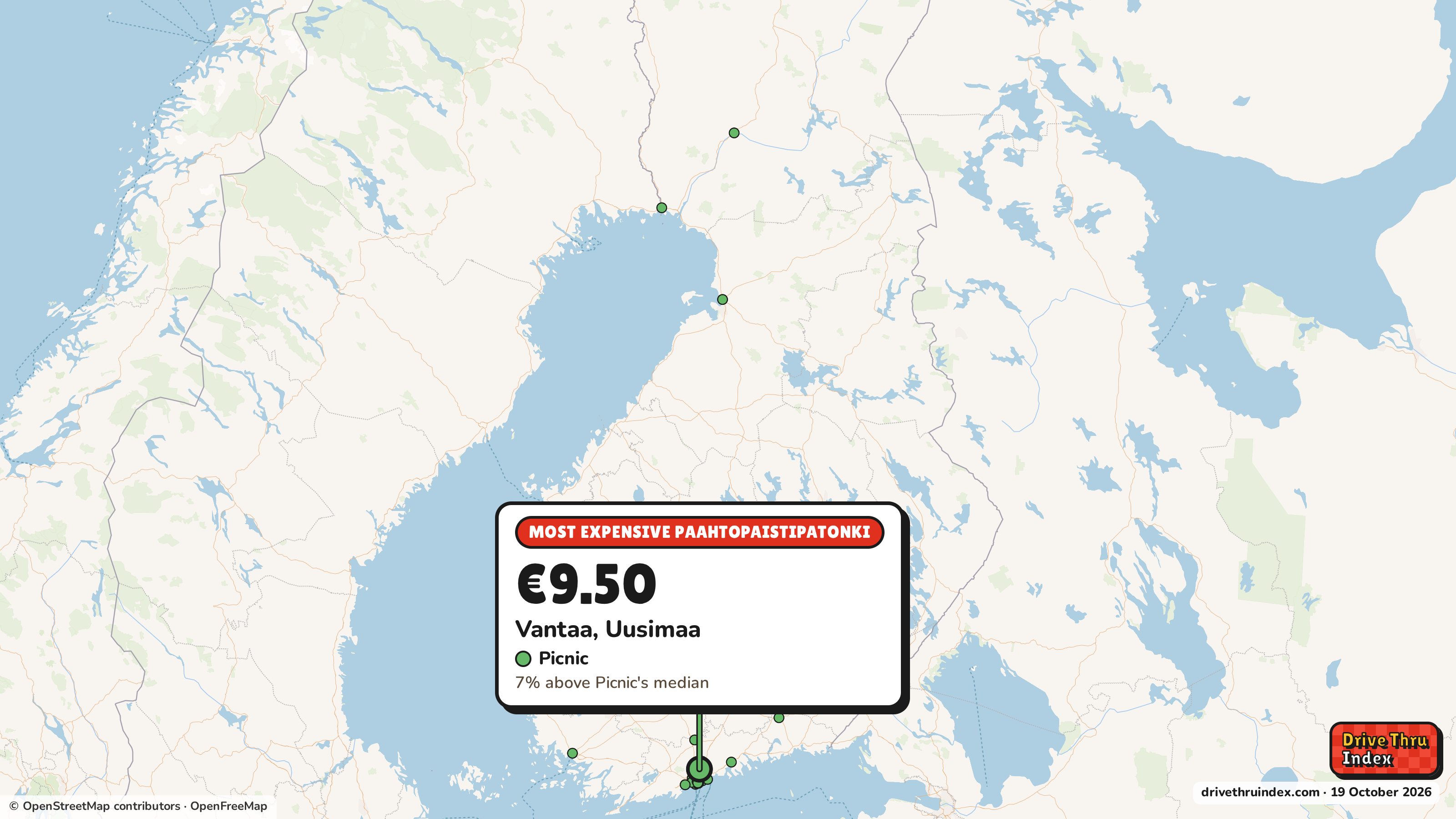 Map of Finland marking each chain's most expensive restaurant: Picnic Paahtopaistipatonki, €9.50 in Vantaa, Uusimaa, 7% above its median.