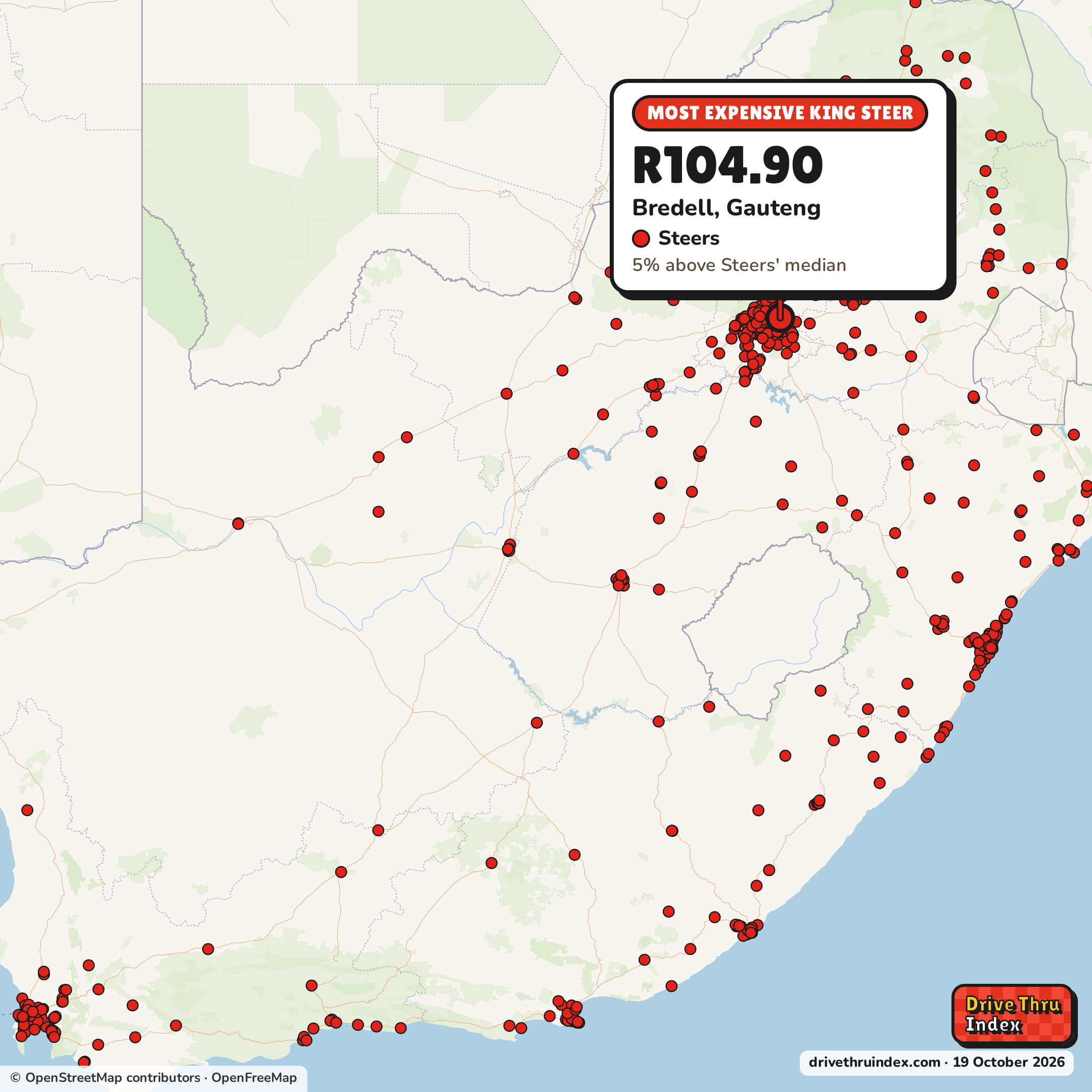 Map of South Africa marking each chain's most expensive restaurant: Steers King Steer, R104.90 in Bredell, Gauteng, 5% above its median.