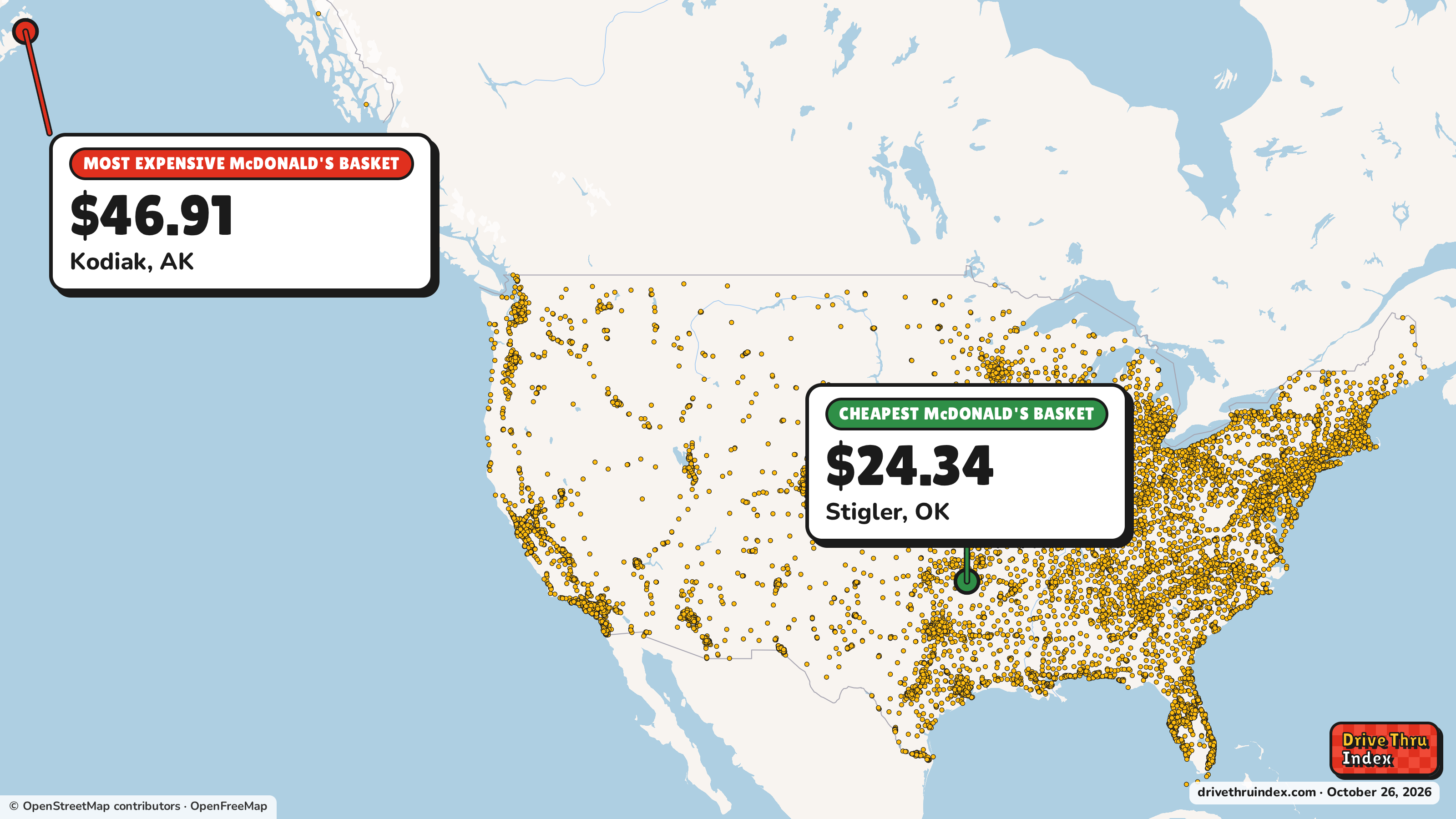 Map of McDonald's restaurants in the US, marking the cheapest basket ($24.34 in Stigler, OK) and the most expensive ($46.91 in Kodiak, AK) for the same items: Big Mac®, 10 pc. Chicken McNuggets®, 4 Piece McCrispy™ Strips, Deluxe McCrispy™, Large French Fries and Medium Coke®.