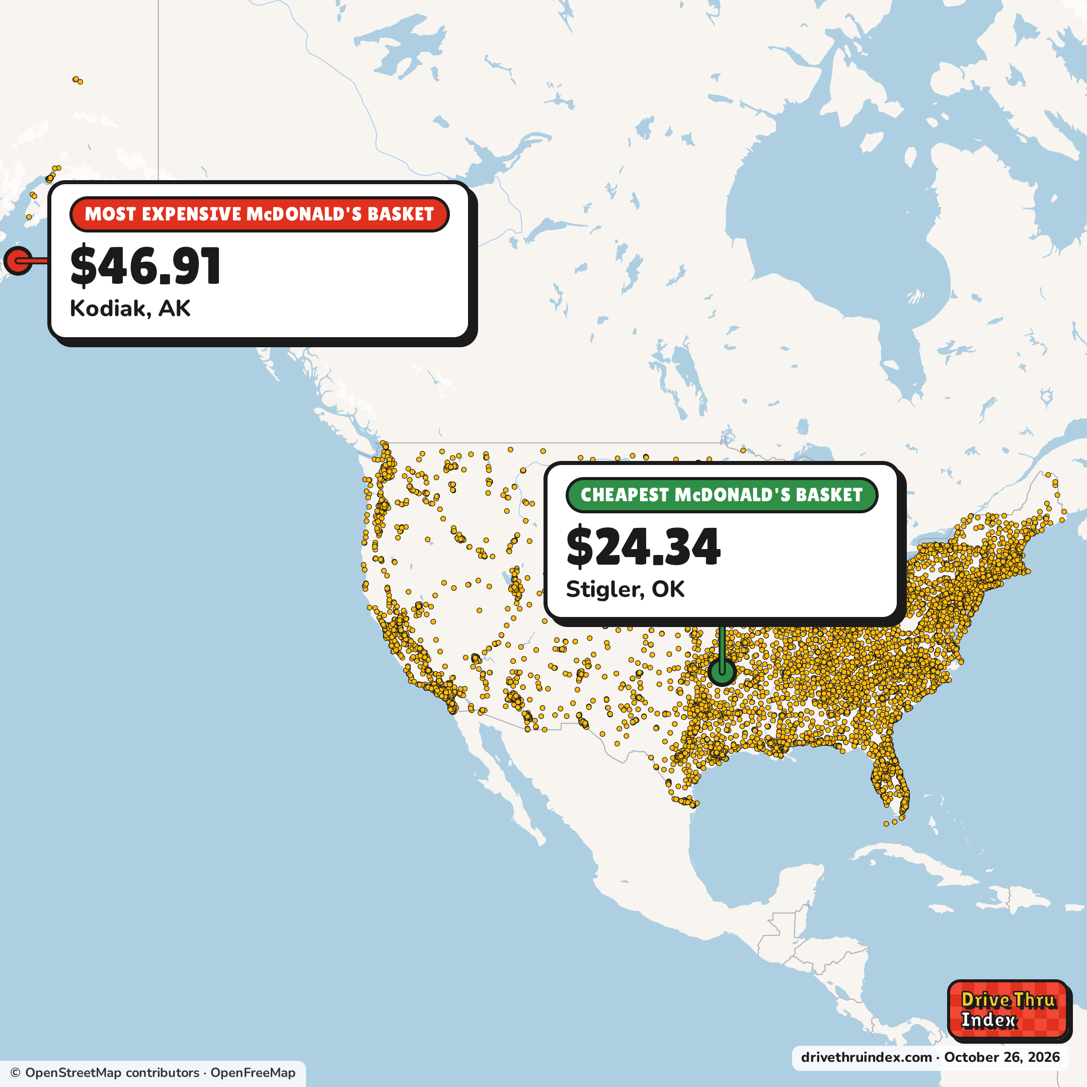 Map of McDonald's restaurants in the US, marking the cheapest basket ($24.34 in Stigler, OK) and the most expensive ($46.91 in Kodiak, AK) for the same items: Big Mac®, 10 pc. Chicken McNuggets®, 4 Piece McCrispy™ Strips, Deluxe McCrispy™, Large French Fries and Medium Coke®.