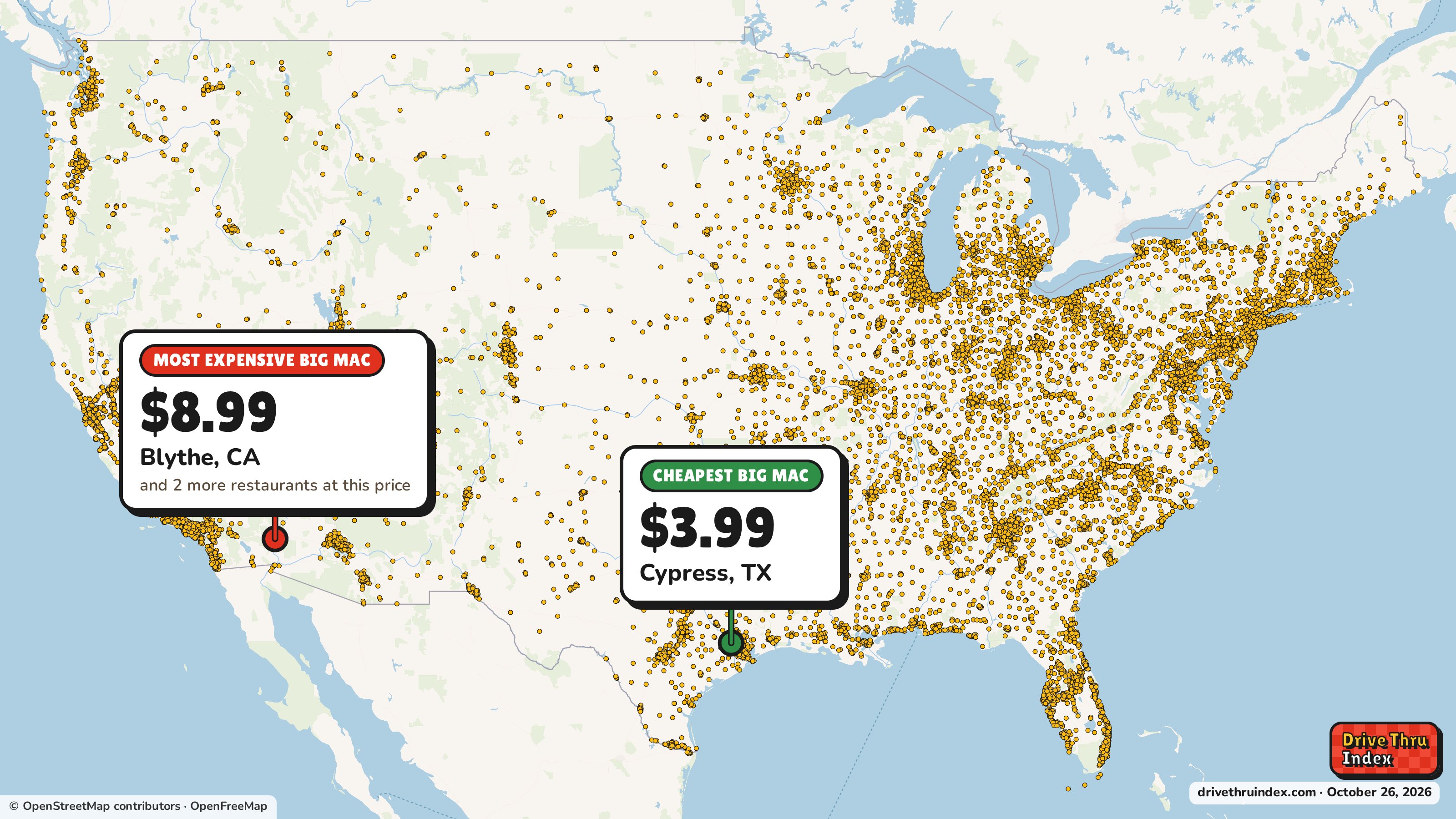 Map of 13,745 McDonald's restaurants in the US, marking the cheapest Big Mac ($3.99 in Cypress, TX) and the most expensive ($8.99 in Blythe, CA).
