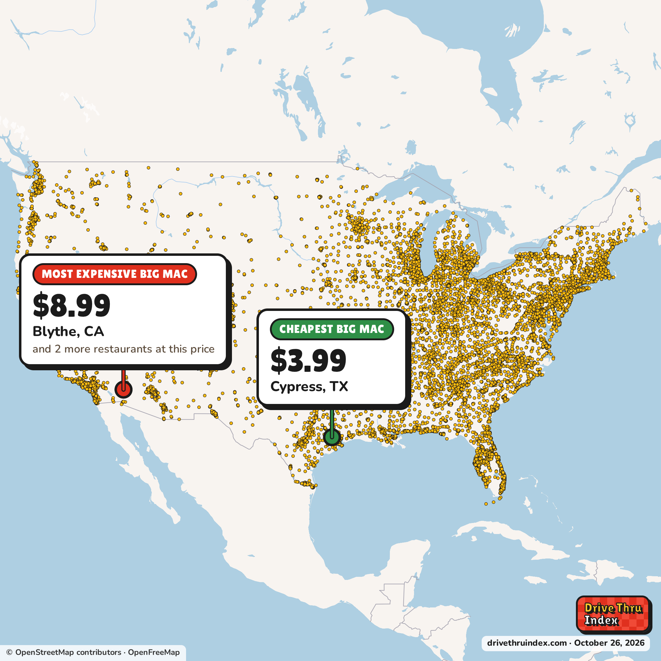 Map of 13,745 McDonald's restaurants in the US, marking the cheapest Big Mac ($3.99 in Cypress, TX) and the most expensive ($8.99 in Blythe, CA).