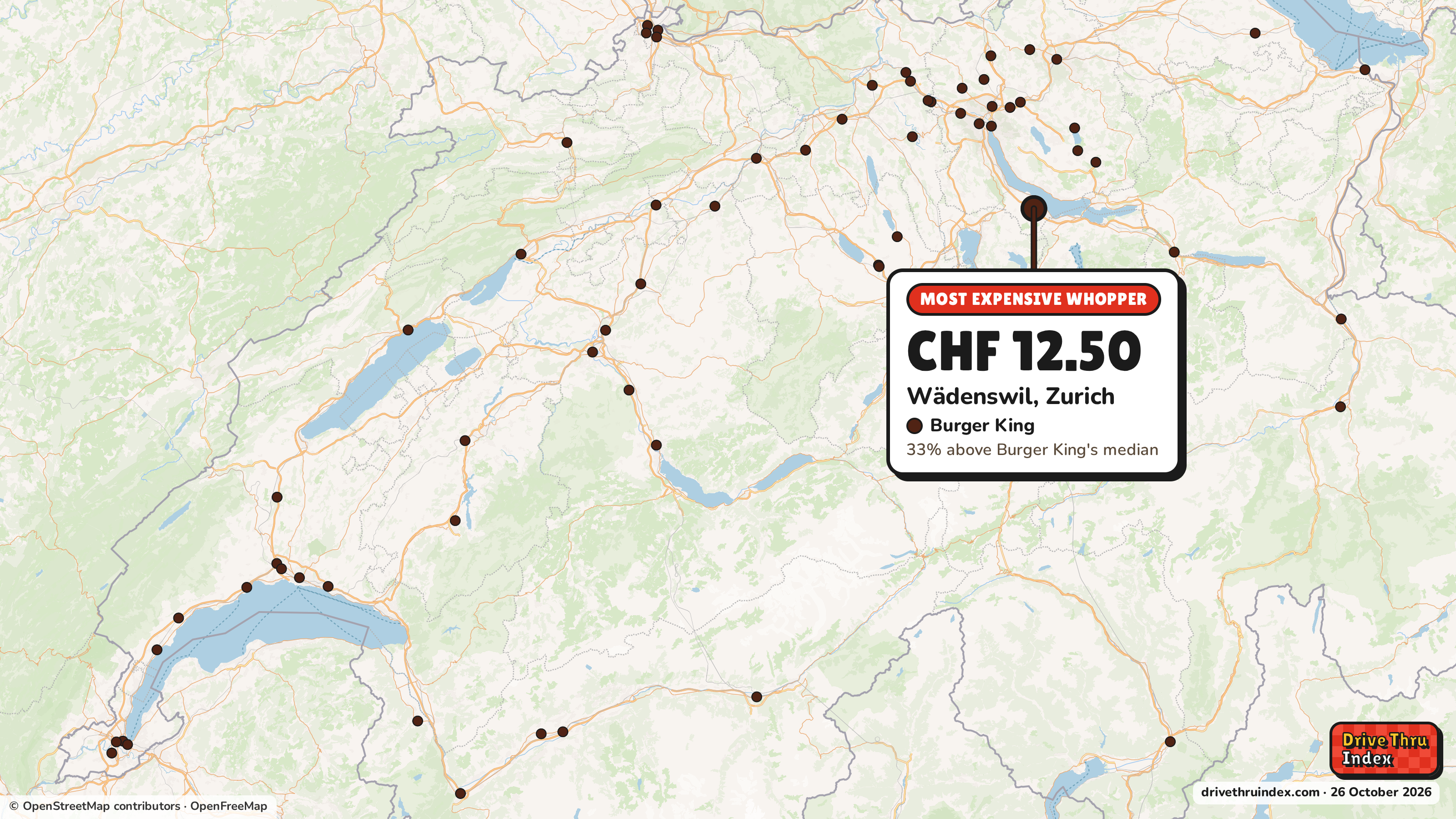 Map of Switzerland marking each chain's most expensive restaurant: Burger King Whopper, CHF 12.50 in Wädenswil, Zurich, 33% above its median.
