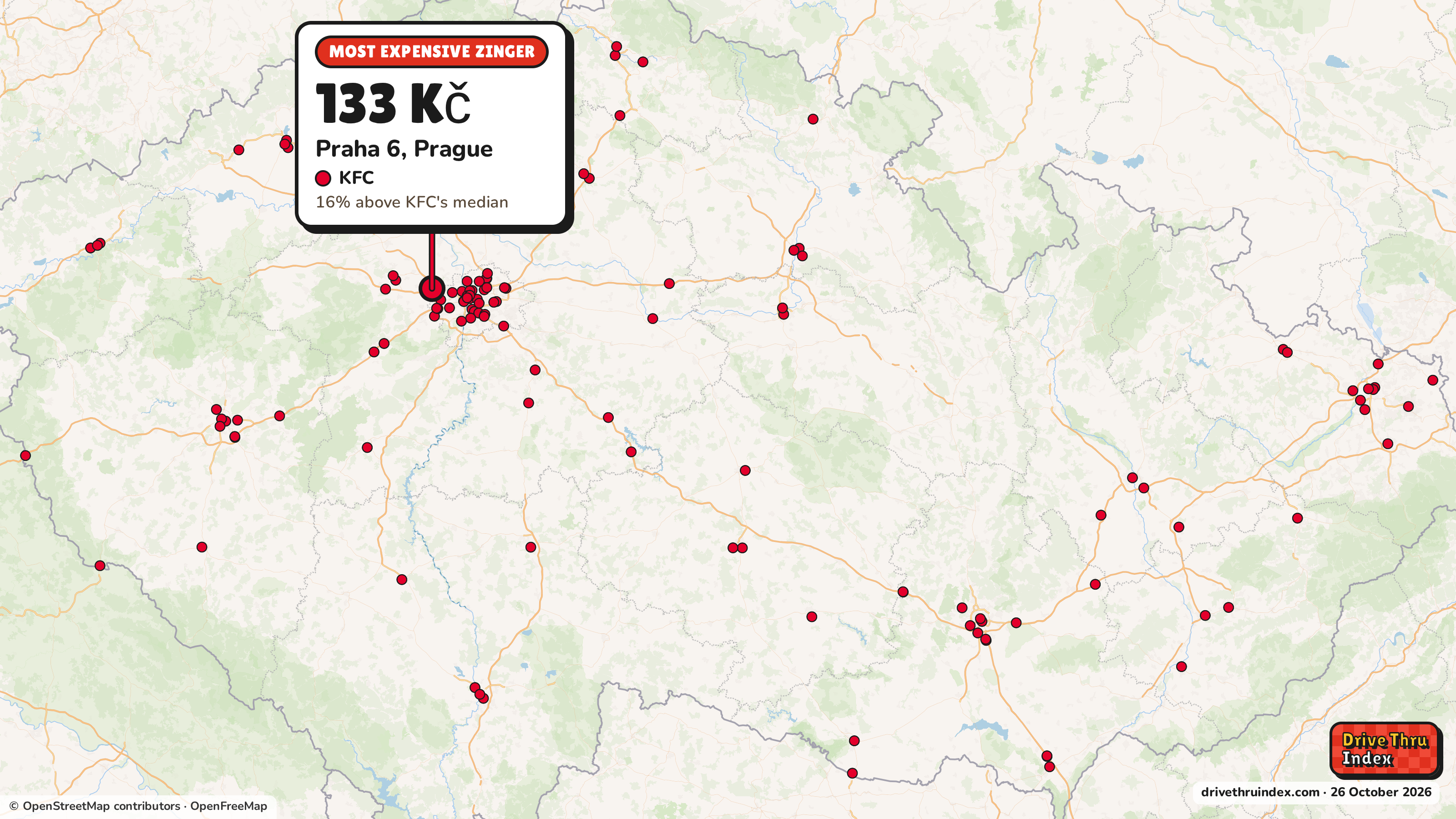 Map of Czechia marking each chain's most expensive restaurant: KFC Zinger, 133 Kč in Praha 6, Prague, 16% above its median.