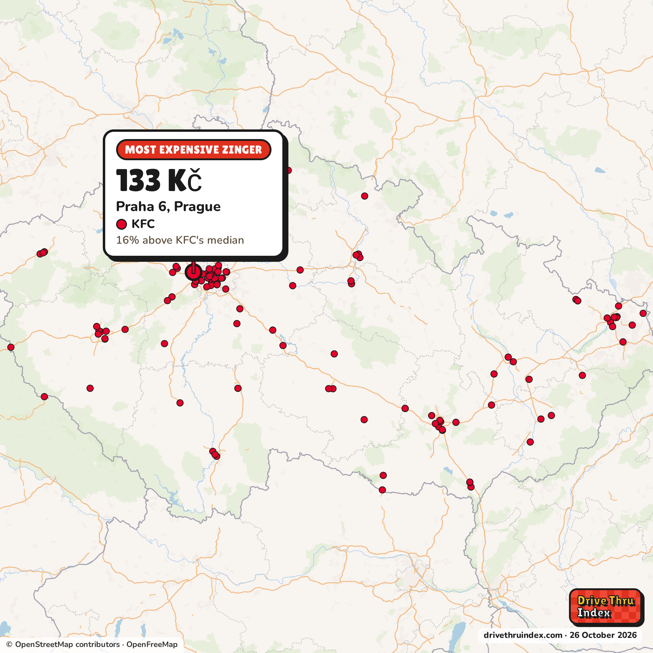 Map of Czechia marking each chain's most expensive restaurant: KFC Zinger, 133 Kč in Praha 6, Prague, 16% above its median.