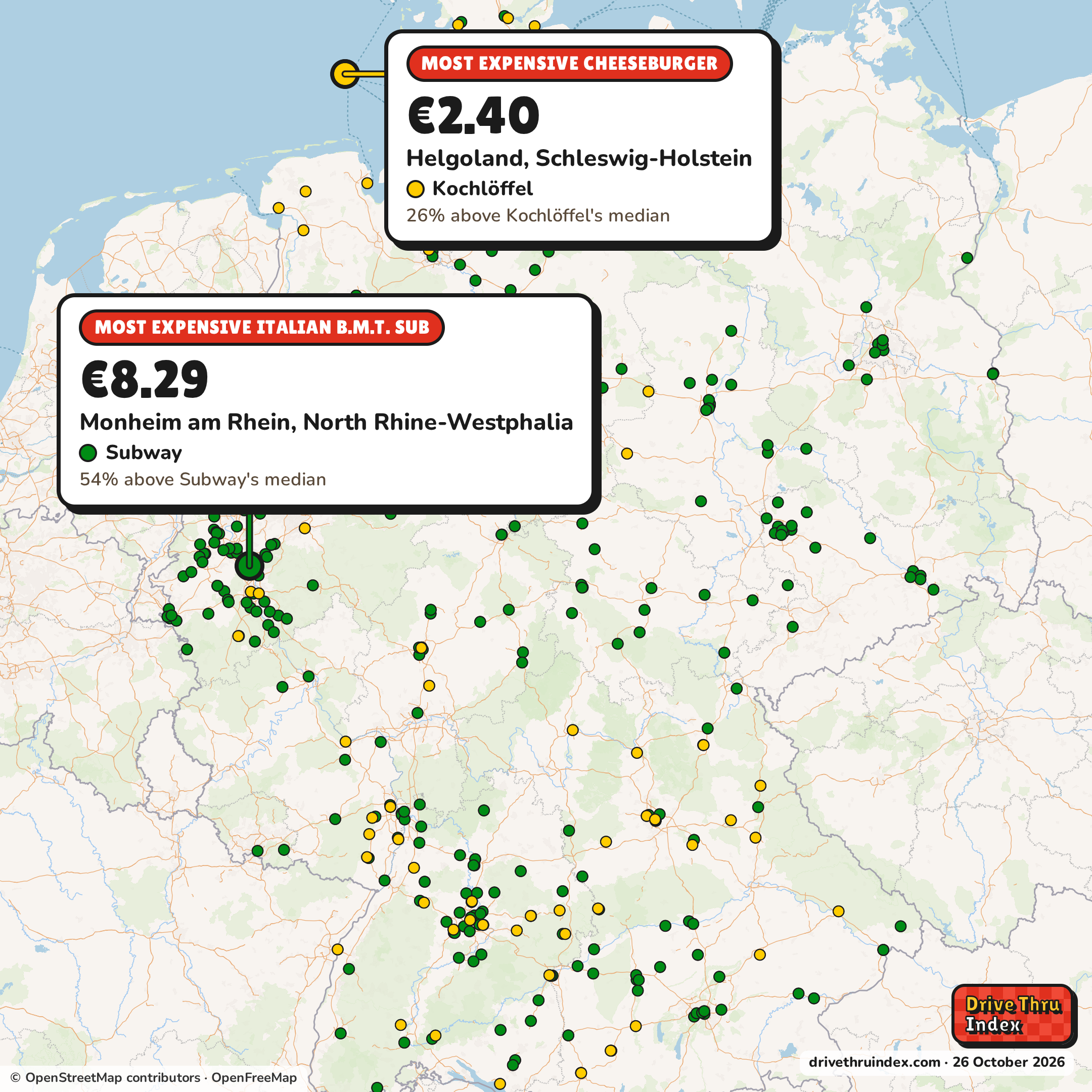 Map of Germany marking each chain's most expensive restaurant: Subway Italian B.M.T. Sub, €8.29 in Monheim am Rhein, North Rhine-Westphalia, 54% above its median; Kochlöffel Cheeseburger, €2.40 in Helgoland, Schleswig-Holstein, 26% above its median; Pizza Hut Margherita (medium pan), €12.99 in Kamen, North Rhine-Westphalia, 18% above its median; MA'LOA Vulcano Chicken Bowl, €16.90 in Bonn, North Rhine-Westphalia, 13% above its median.