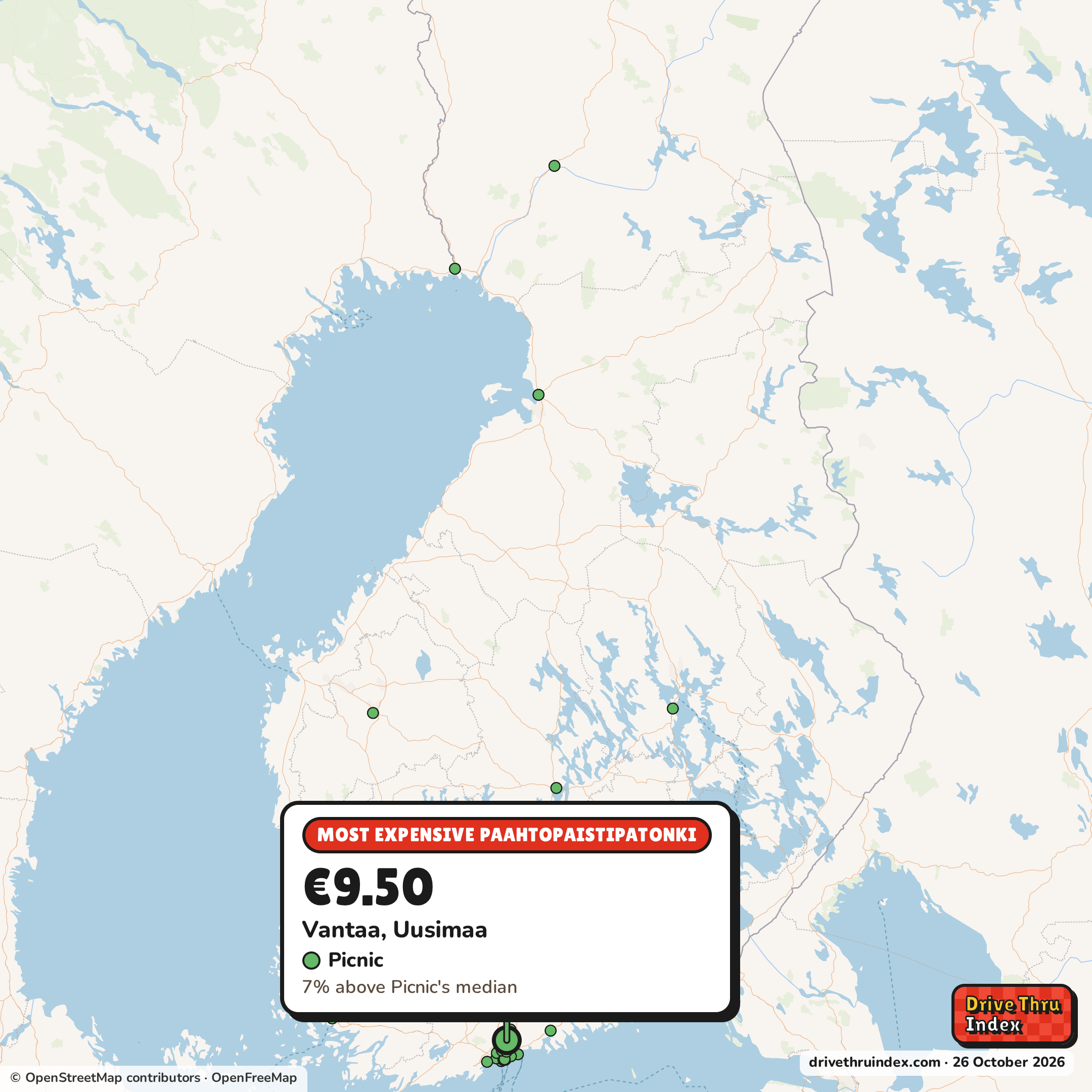 Map of Finland marking each chain's most expensive restaurant: Picnic Paahtopaistipatonki, €9.50 in Vantaa, Uusimaa, 7% above its median.