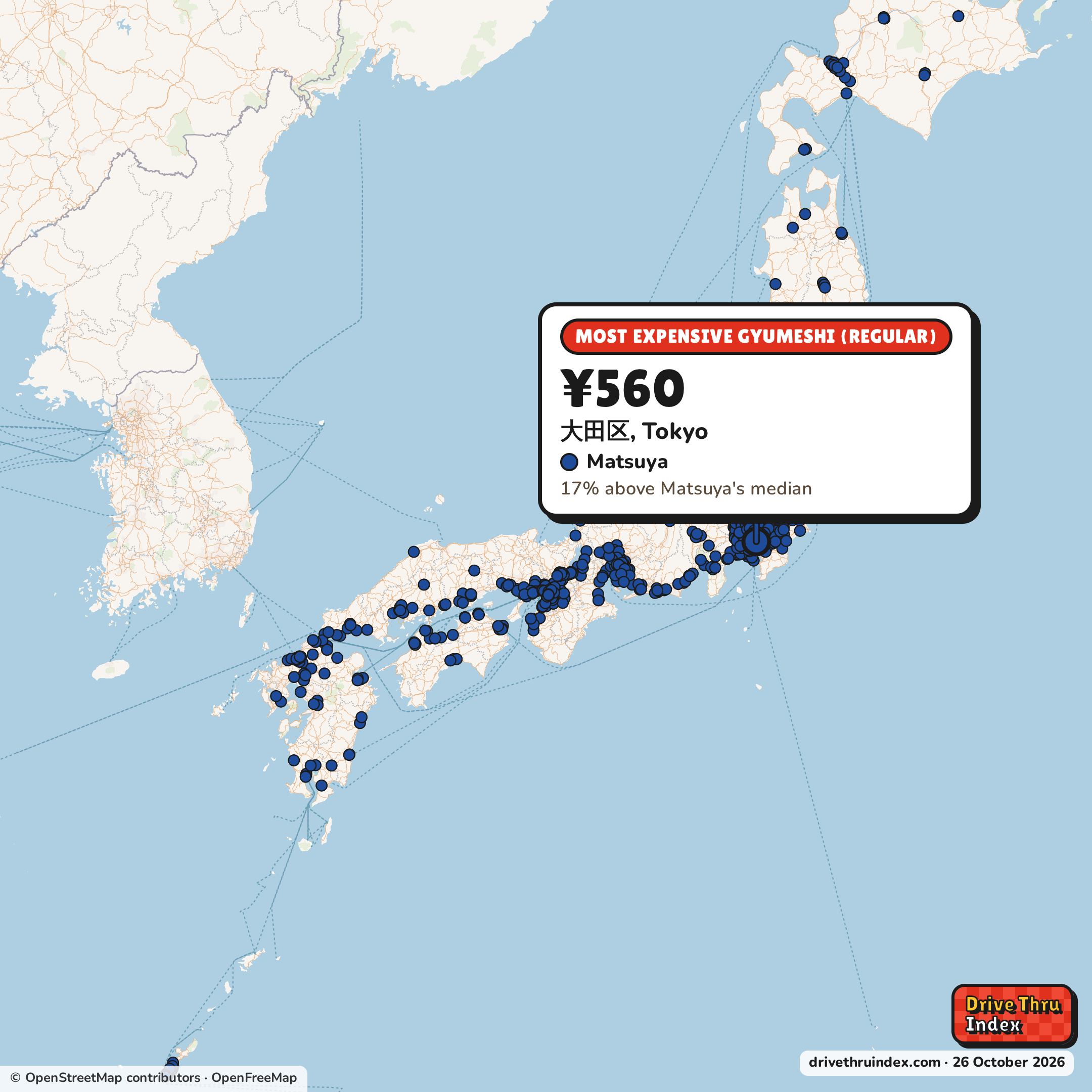 Map of Japan marking each chain's most expensive restaurant: Matsuya Gyumeshi (regular), ¥560 in 大田区, Tokyo, 17% above its median.