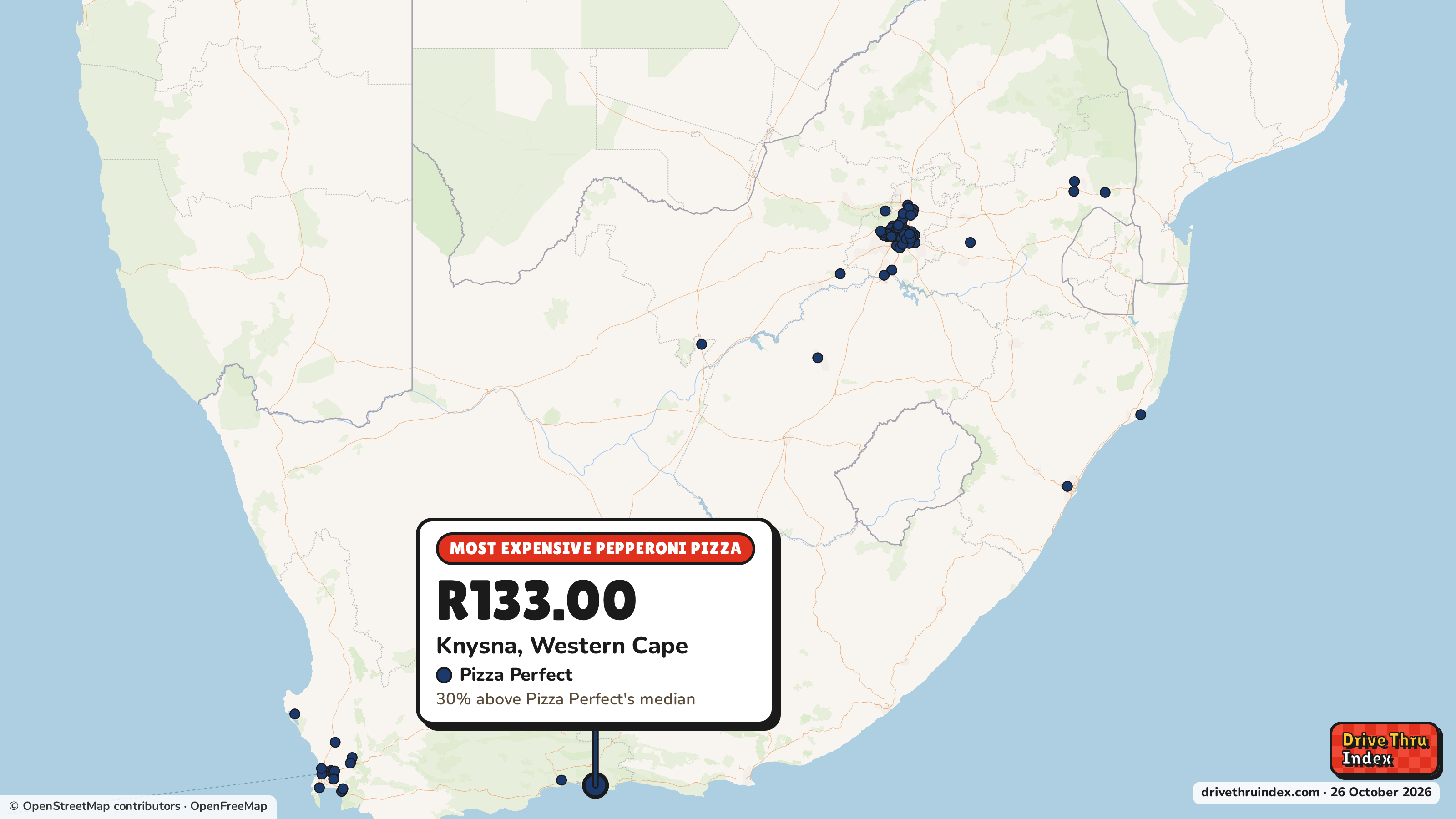 Map of South Africa marking each chain's most expensive restaurant: Pizza Perfect Pepperoni pizza, R133.00 in Knysna, Western Cape, 30% above its median.