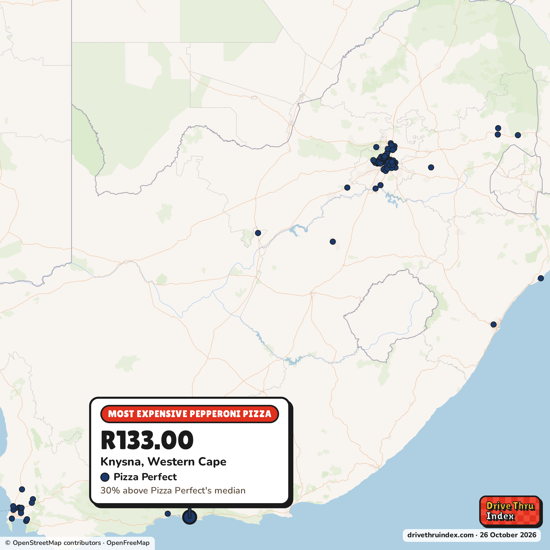 Map of South Africa marking each chain's most expensive restaurant: Pizza Perfect Pepperoni pizza, R133.00 in Knysna, Western Cape, 30% above its median.