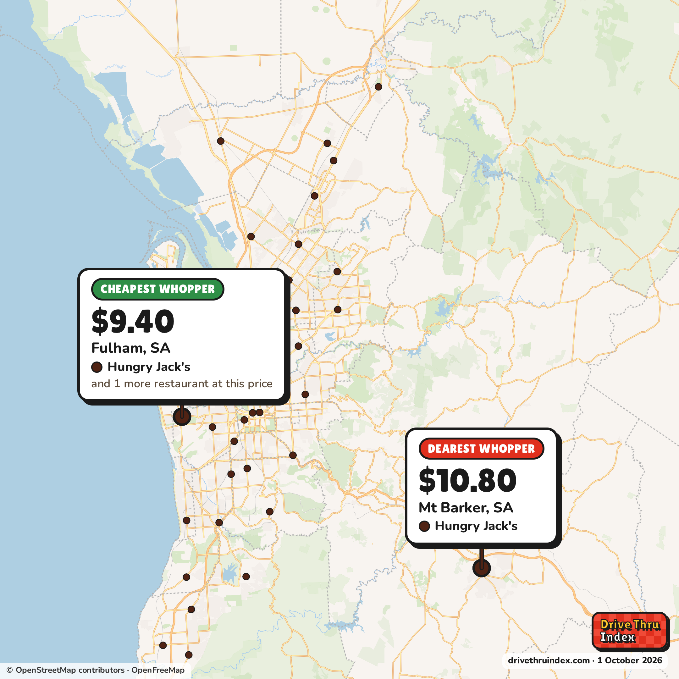 Map of Greater Adelaide marking the cheapest Hungry Jack's Whopper ($9.40 in Fulham, SA) and the dearest ($10.80 in Mt Barker, SA).