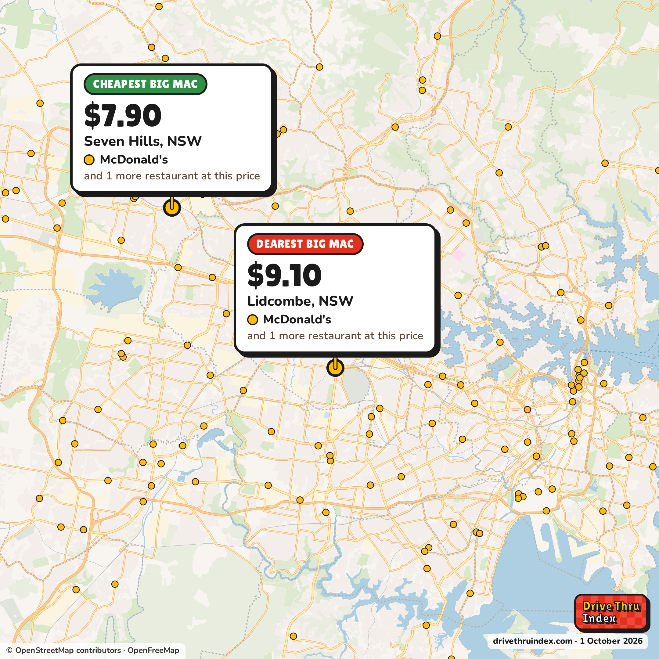 Map of Greater Sydney marking the cheapest McDonald's Big Mac ($7.90 in Seven Hills, NSW) and the dearest ($9.10 in Lidcombe, NSW).