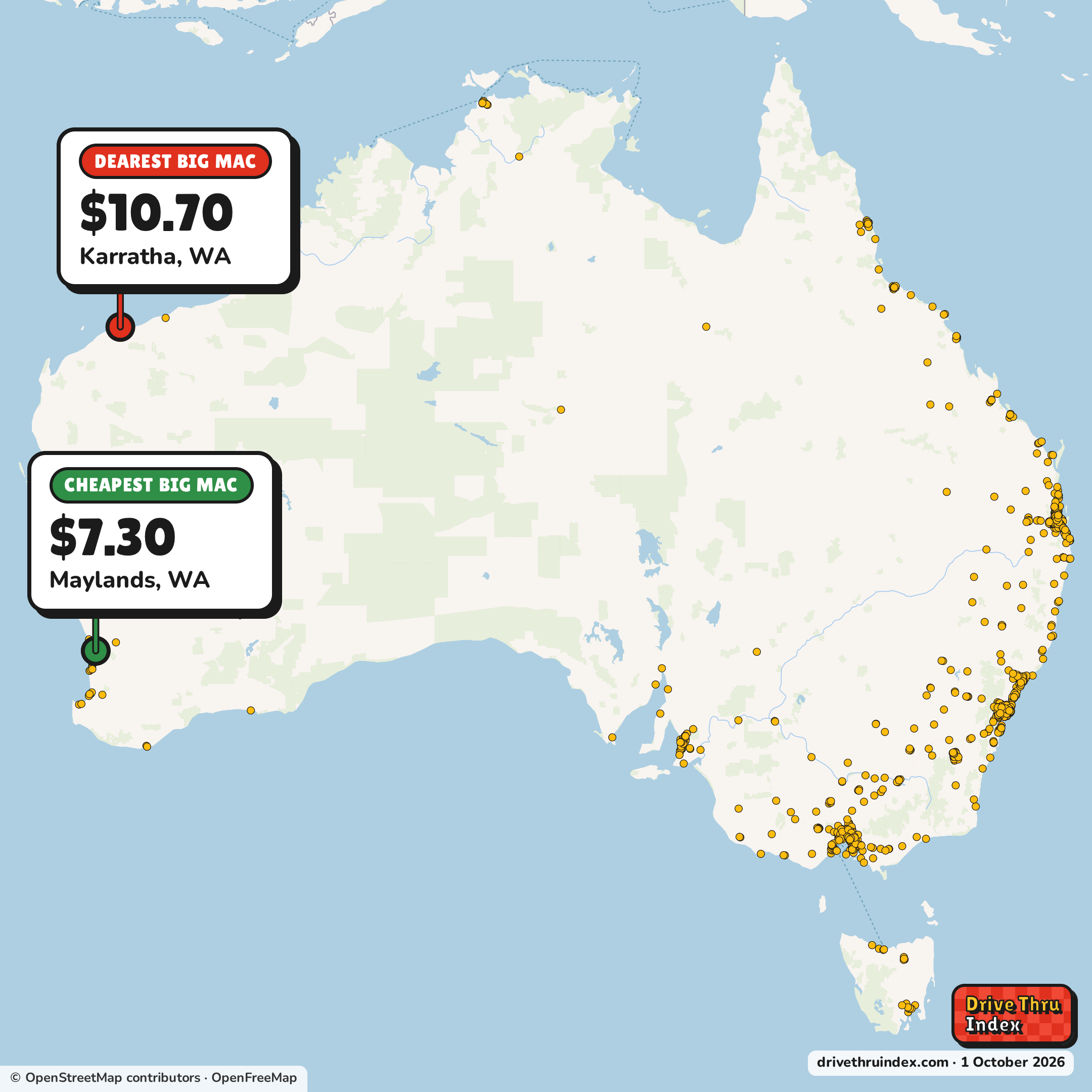 Map of 1,079 McDonald's restaurants in Australia, marking the cheapest Big Mac ($7.30 in Maylands, WA) and the dearest ($10.70 in Karratha, WA).