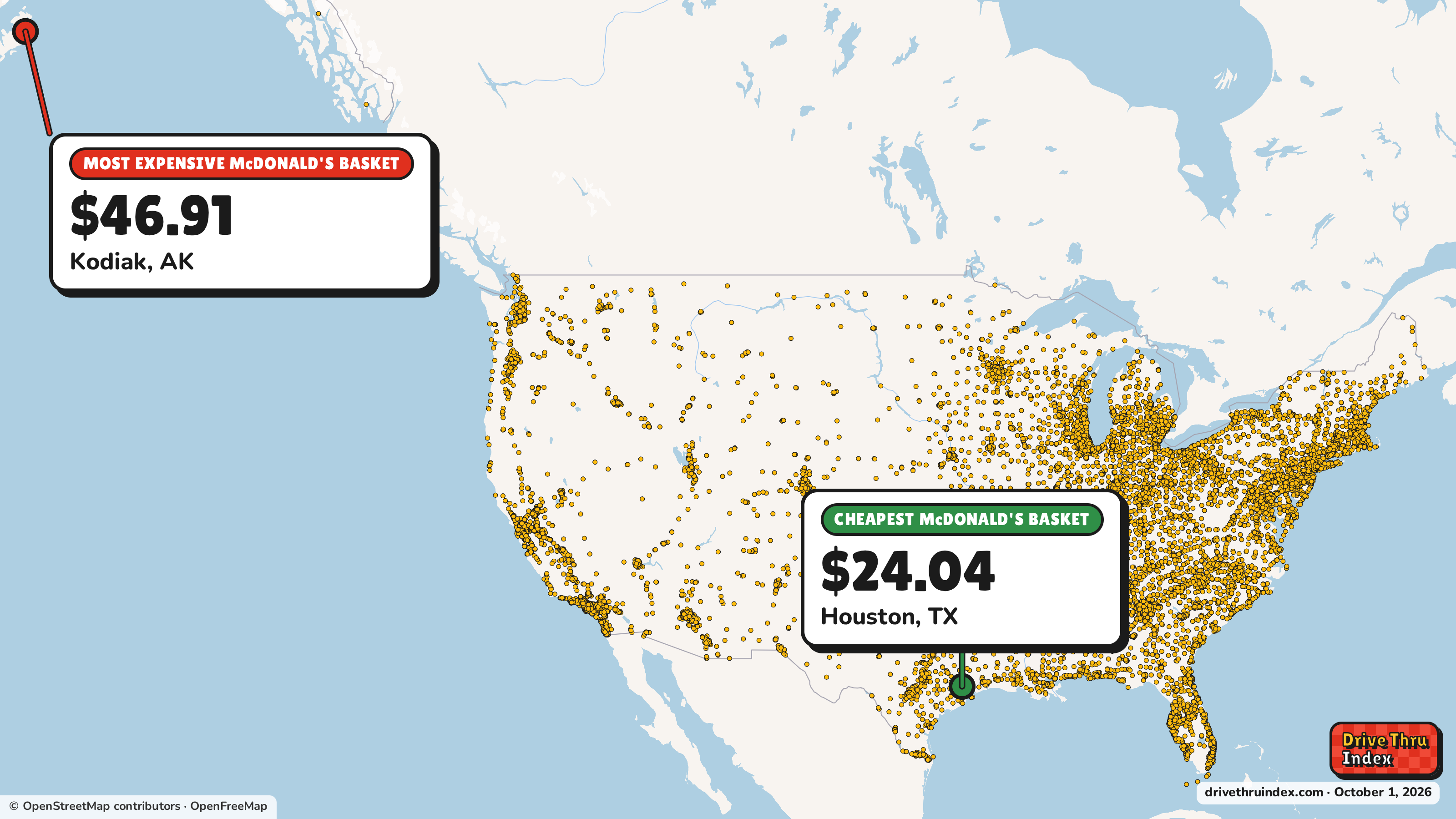 Map of McDonald's restaurants in the US, marking the cheapest basket ($24.04 in Houston, TX) and the most expensive ($46.91 in Kodiak, AK) for the same items: Big Mac®, 10 pc. Chicken McNuggets®, 4 Piece McCrispy™ Strips, Deluxe McCrispy™, Large French Fries and Medium Coke®.