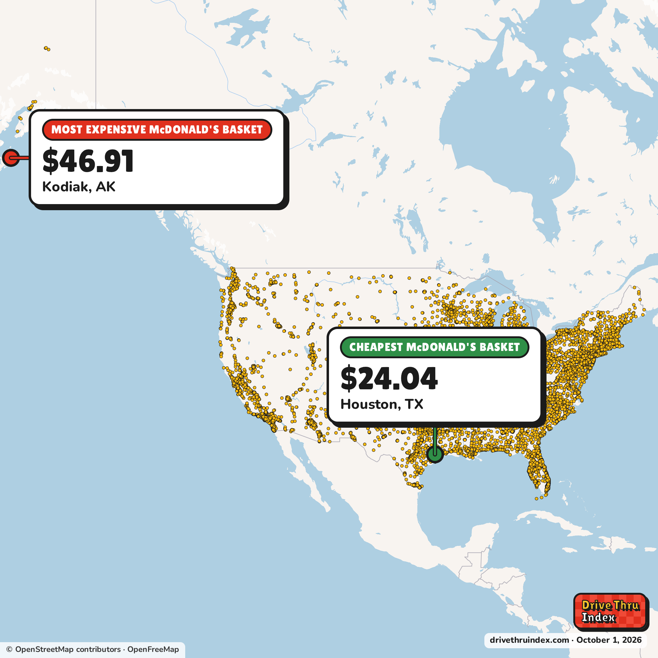 Map of McDonald's restaurants in the US, marking the cheapest basket ($24.04 in Houston, TX) and the most expensive ($46.91 in Kodiak, AK) for the same items: Big Mac®, 10 pc. Chicken McNuggets®, 4 Piece McCrispy™ Strips, Deluxe McCrispy™, Large French Fries and Medium Coke®.