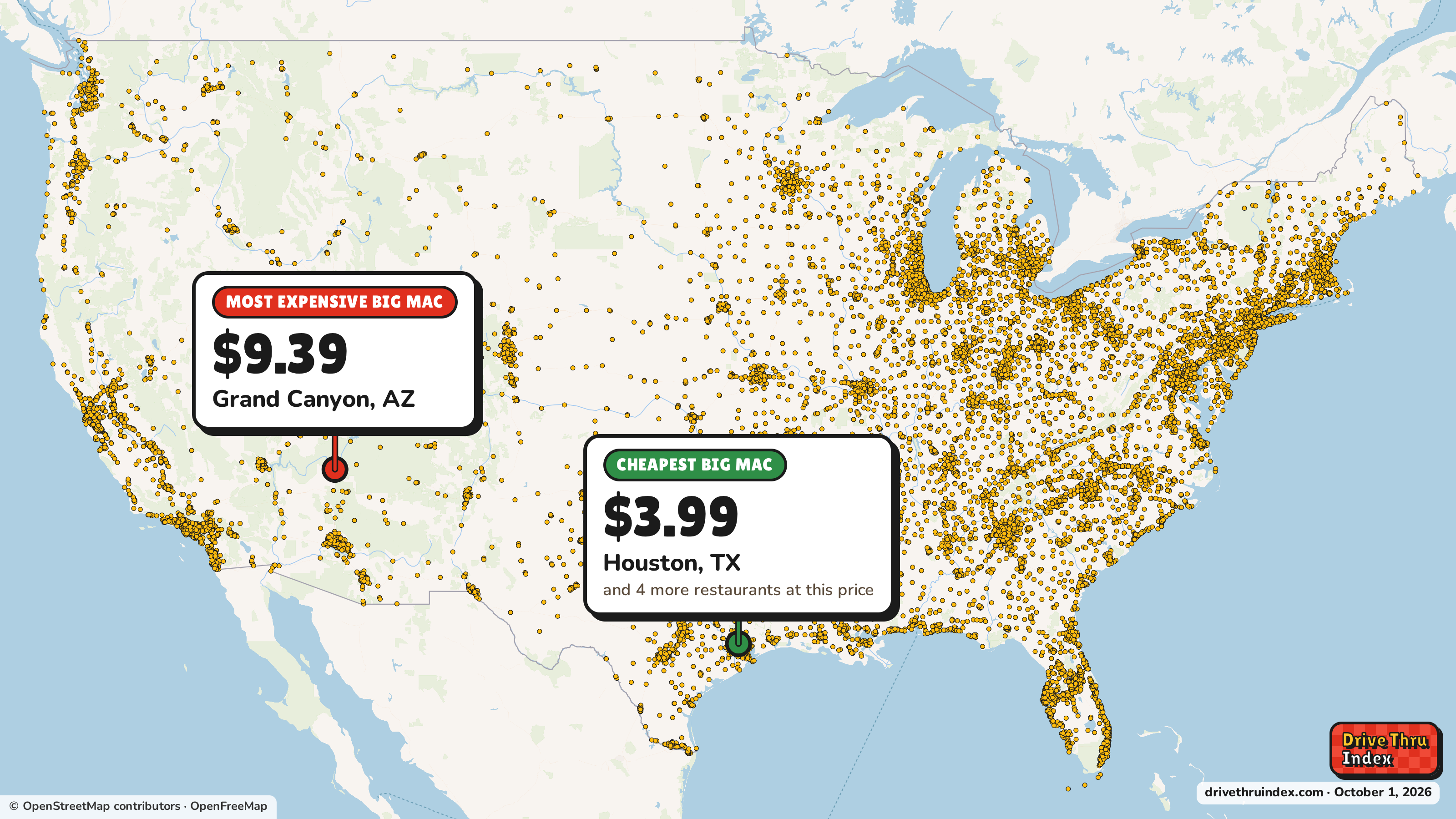 Map of 13,671 McDonald's restaurants in the US, marking the cheapest Big Mac ($3.99 in Houston, TX) and the most expensive ($9.39 in Grand Canyon, AZ).