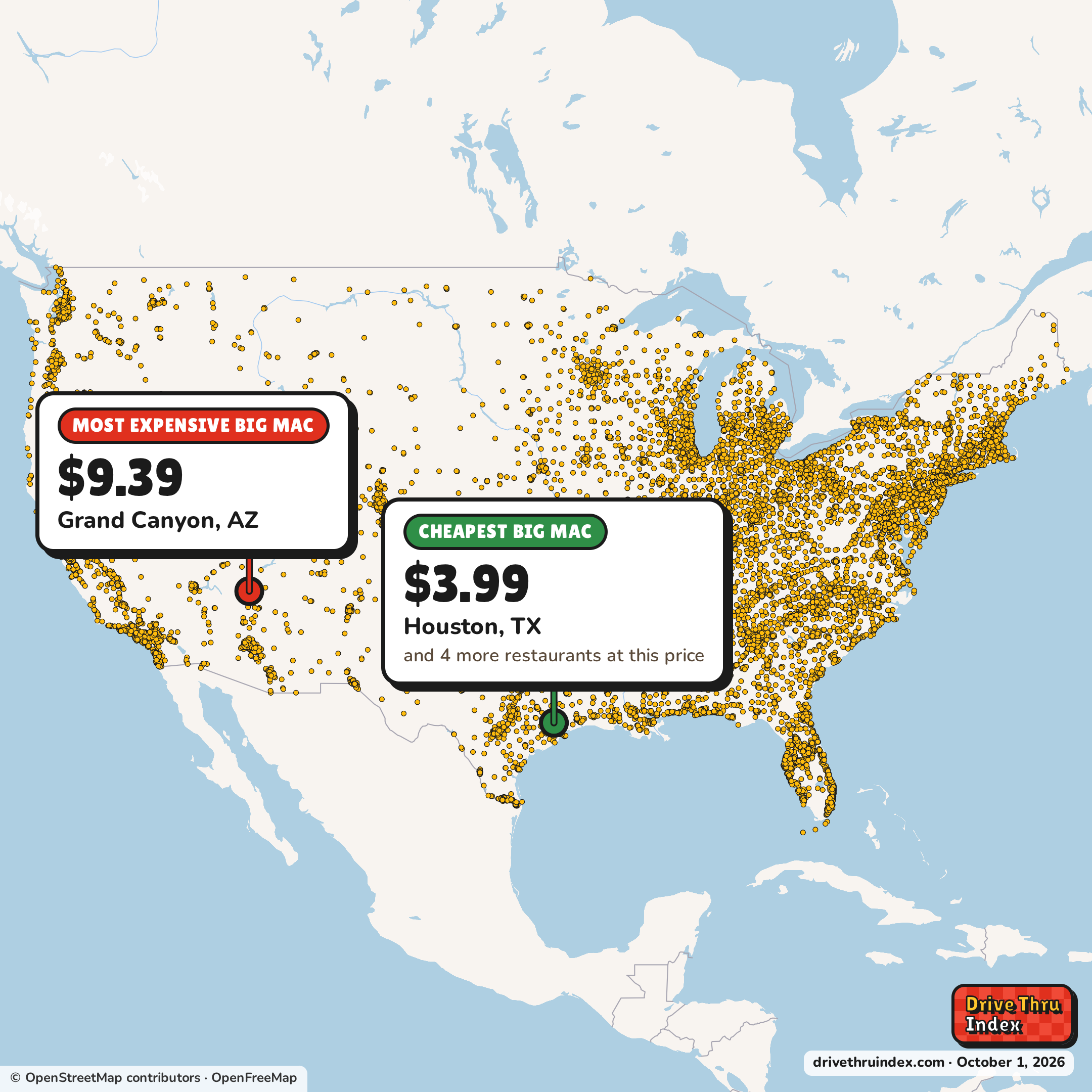 Map of 13,671 McDonald's restaurants in the US, marking the cheapest Big Mac ($3.99 in Houston, TX) and the most expensive ($9.39 in Grand Canyon, AZ).