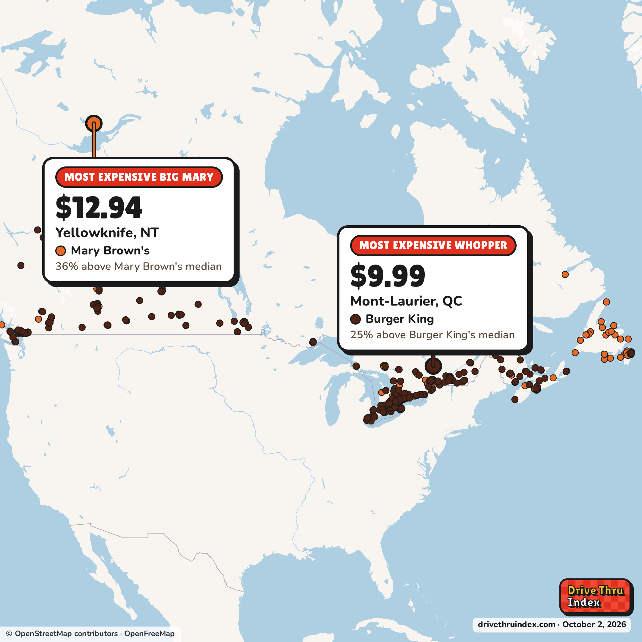 Map of Canada marking each chain's most expensive restaurant: Mary Brown's Big Mary, $12.94 in Yellowknife, NT, 36% above its median; Burger King Whopper, $9.99 in Mont-Laurier, QC, 25% above its median; Taco Bell Crunchwrap Supreme, $9.99 in Brantford, ON, 25% above its median; KFC Famous Chicken Sandwich, $13.49 in Osoyoos, BC, 23% above its median.