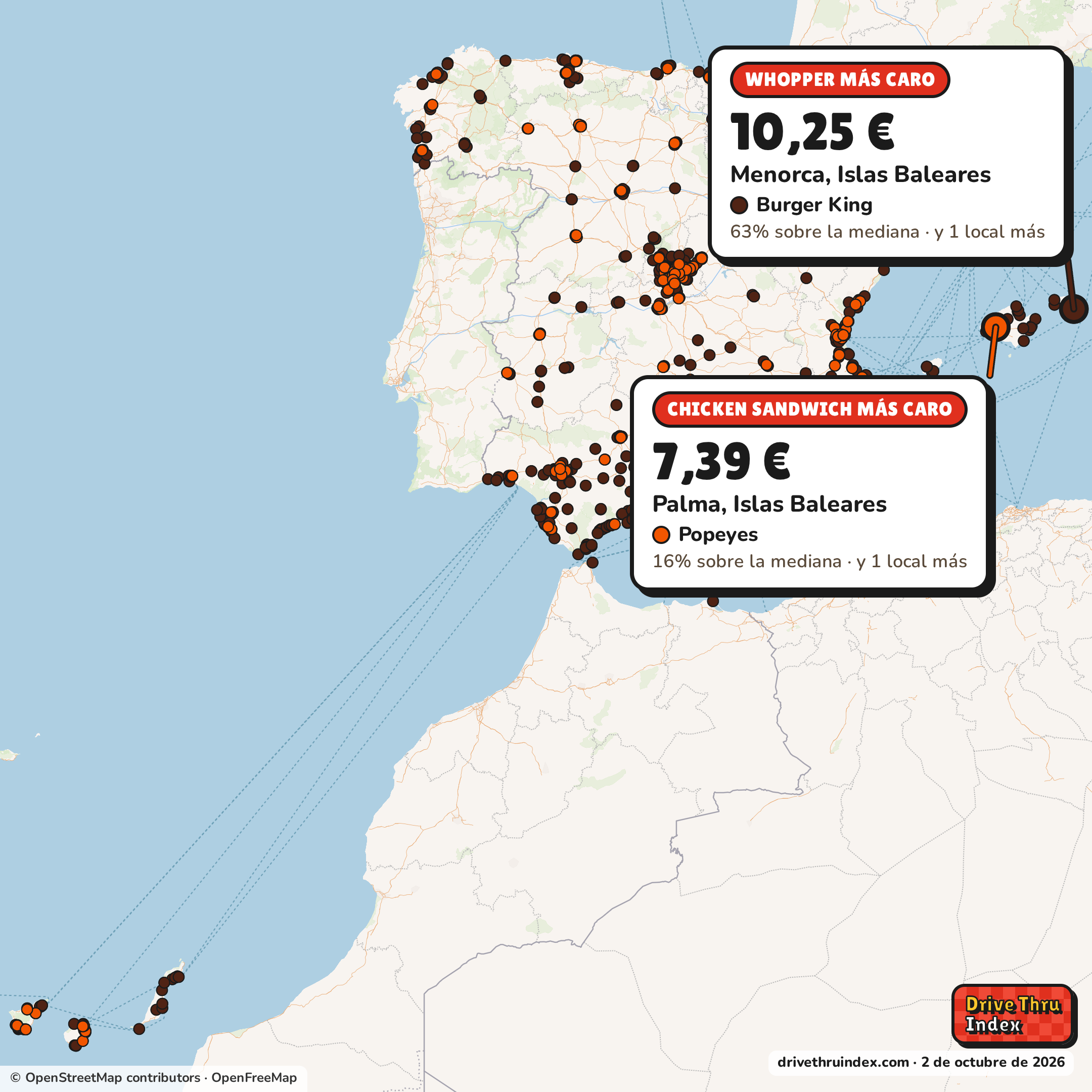Mapa de España con el restaurante más caro de cada cadena: Burger King Whopper, 10,25 € en 2 locales de Burger King, entre ellos el de Menorca, Islas Baleares; Popeyes Chicken Sandwich, 7,39 € en 2 locales de Popeyes, entre ellos el de Palma, Islas Baleares.
