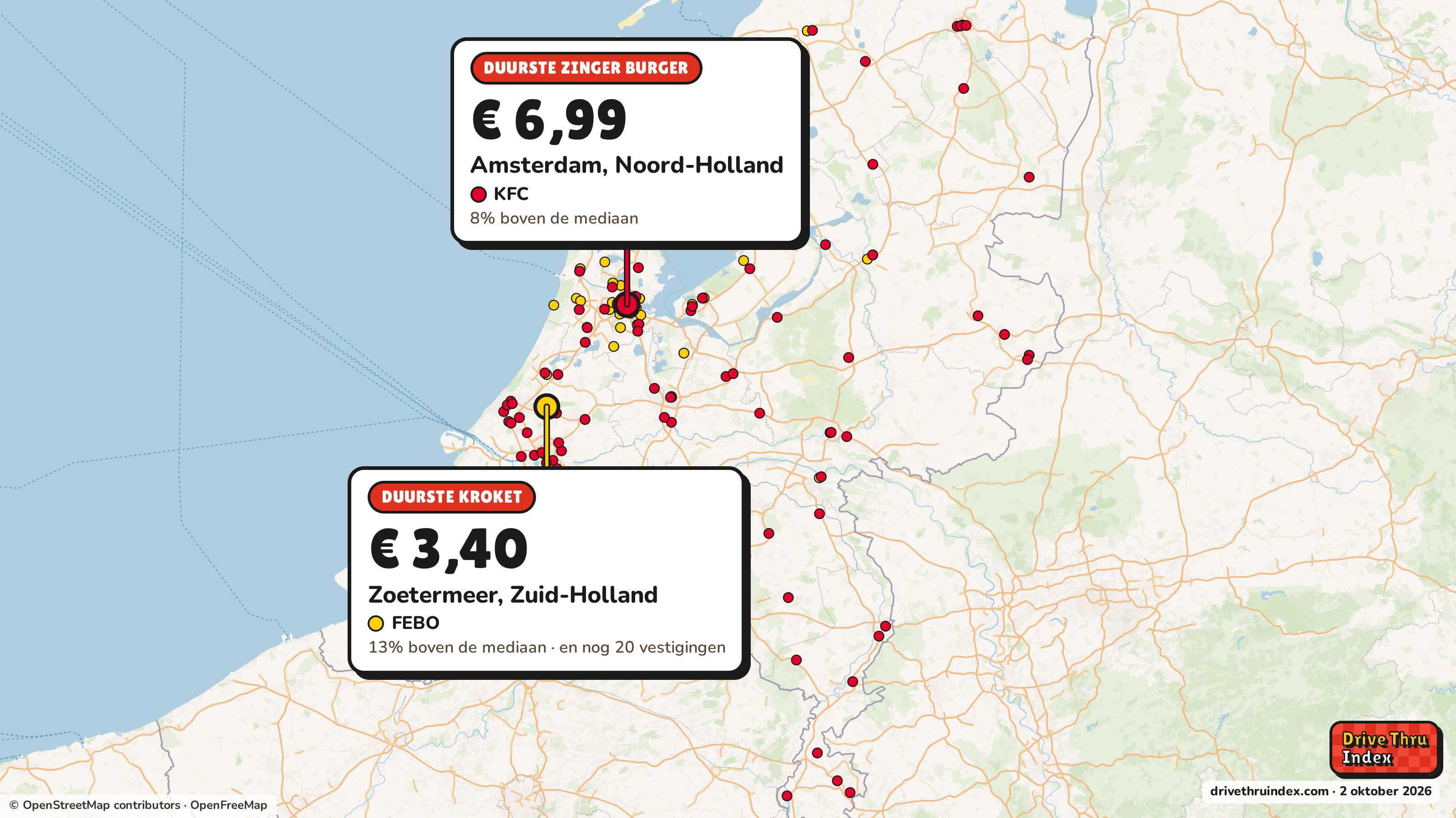 Kaart van Nederland met het duurste restaurant van elke keten: FEBO Kroket, € 3,40 bij 21 vestigingen van FEBO, waaronder die in Zoetermeer, Zuid-Holland; KFC Zinger Burger, € 6,99 in Amsterdam, Noord-Holland.
