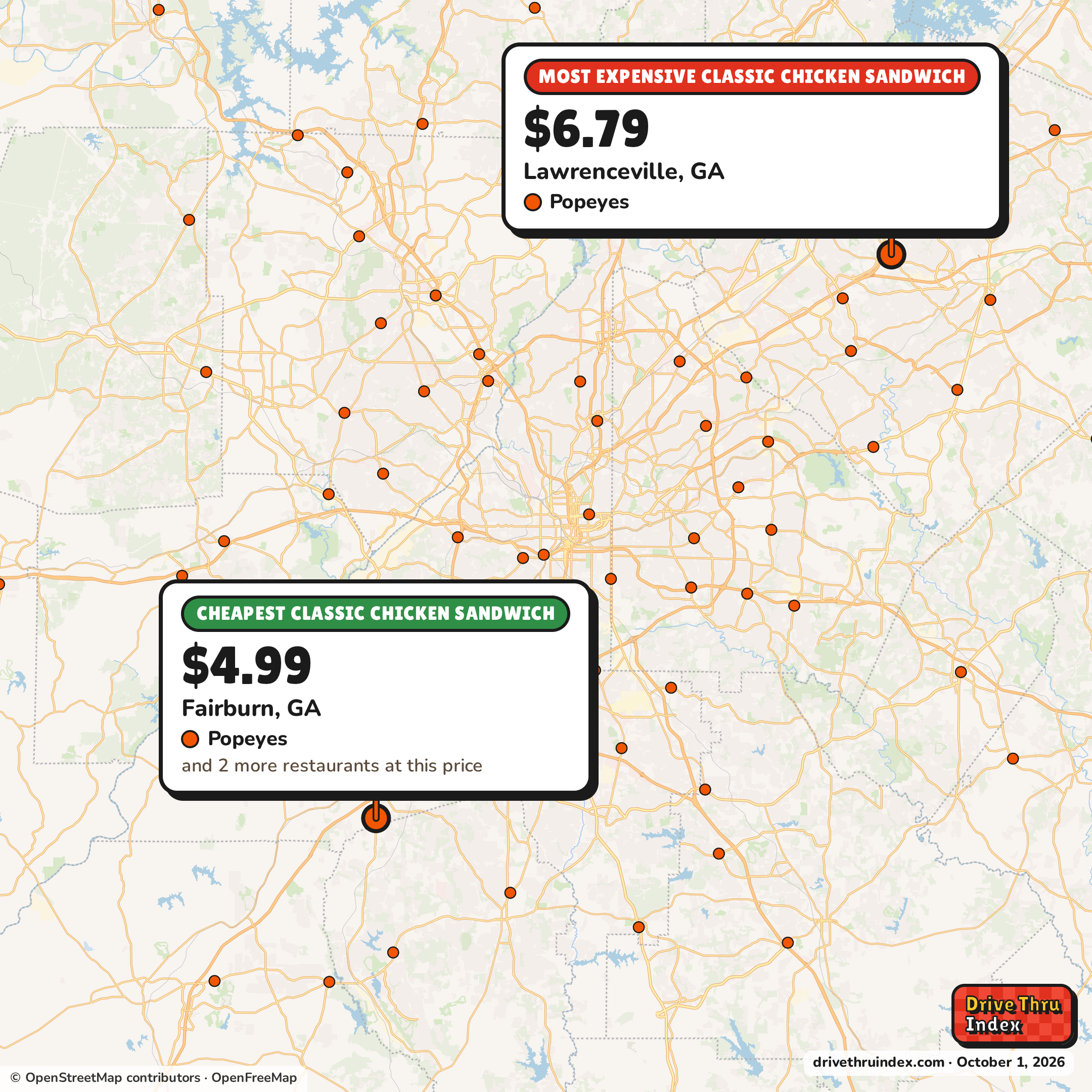 Map of the Atlanta area marking the cheapest Krystal Original Krystal ($1.29 in Atlanta, GA) and the most expensive ($1.79 in Norcross, GA).