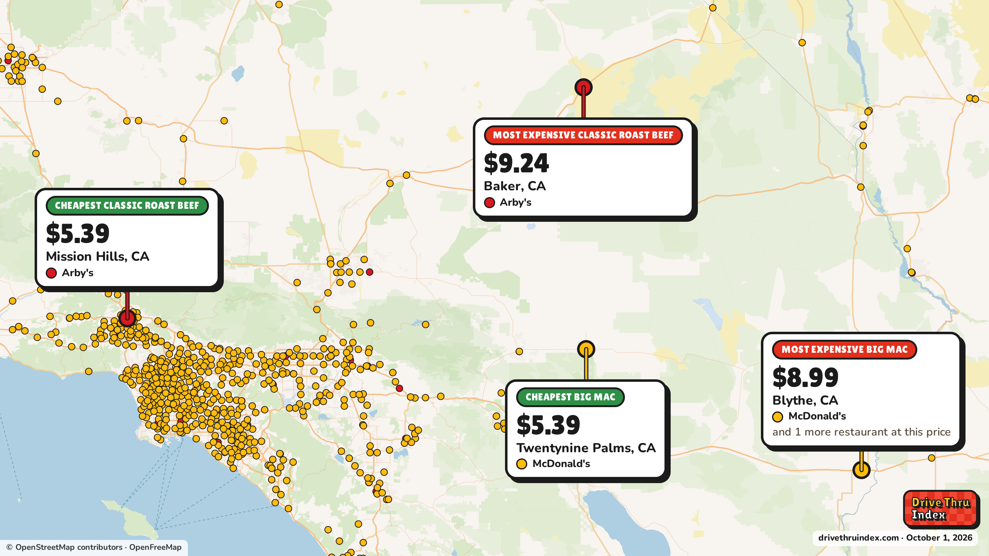 Map of California marking the cheapest and most expensive restaurant of each chain. Arby's Classic Roast Beef: $5.39 in Mission Hills, CA, $9.24 in Baker, CA; McDonald's Big Mac: $5.39 in Twentynine Palms, CA, $8.99 in Blythe, CA.