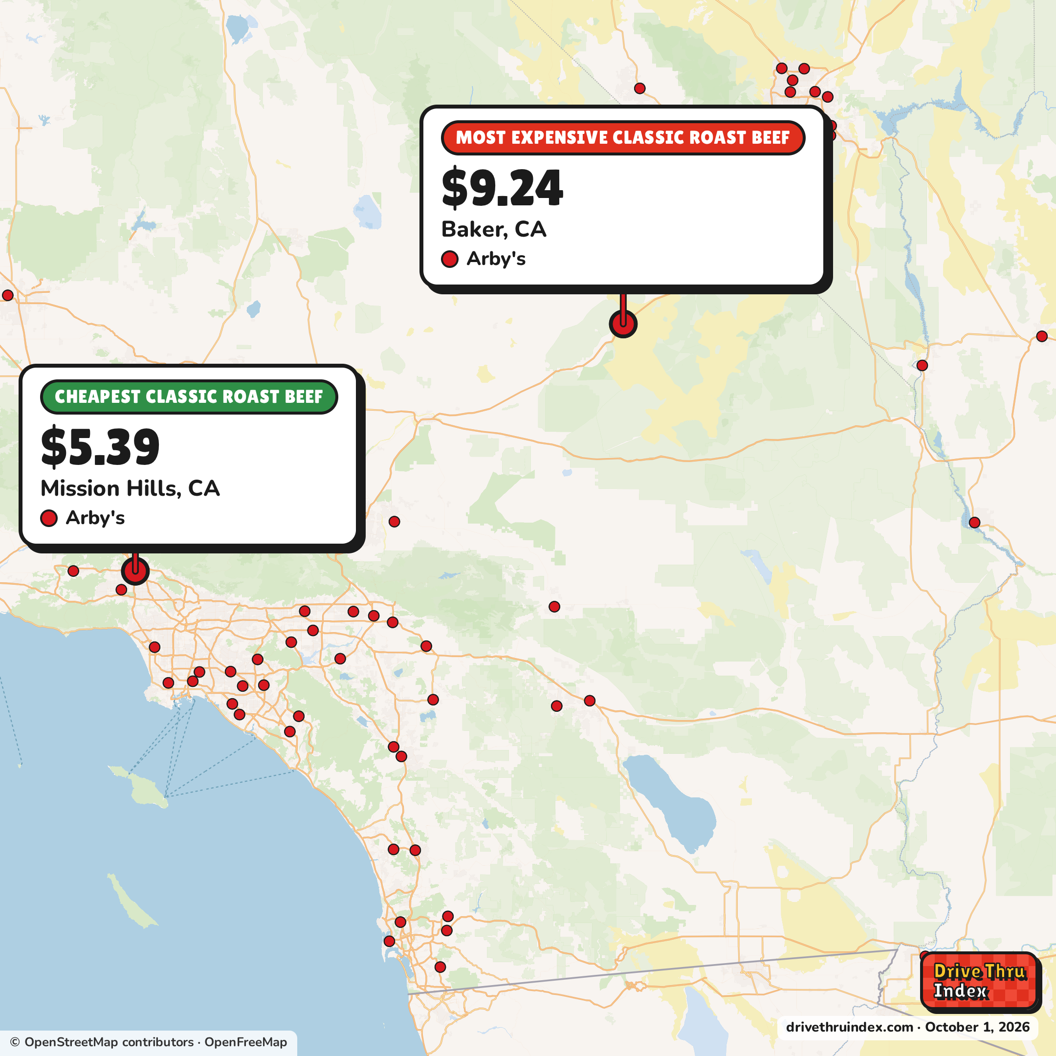 Map of California marking the cheapest Arby's Classic Roast Beef ($5.39 in Mission Hills, CA) and the most expensive ($9.24 in Baker, CA).