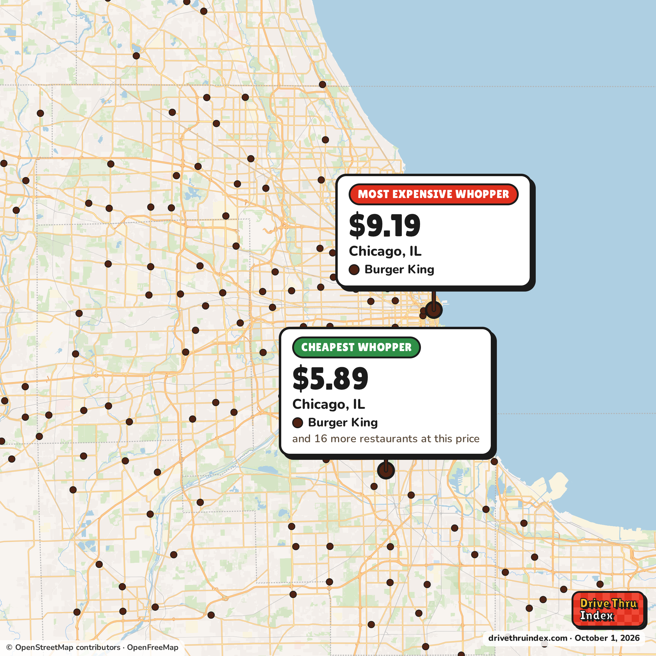 Map of the Chicago area marking the cheapest Burger King Whopper ($5.89 in Chicago, IL) and the most expensive ($9.19 in Chicago, IL).