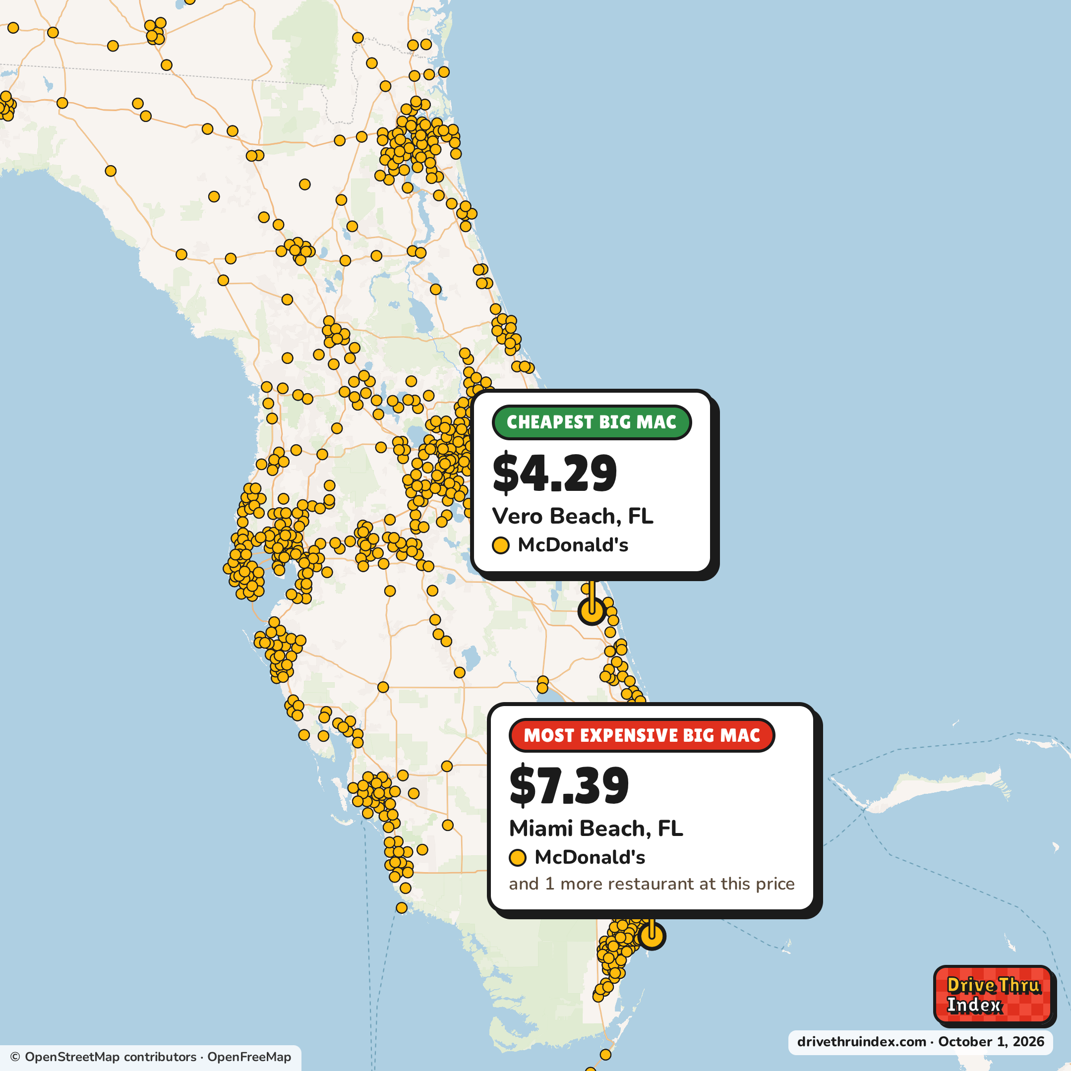 Map of Florida marking the cheapest McDonald's Big Mac ($4.29 in Vero Beach, FL) and the most expensive ($7.39 in Miami Beach, FL).