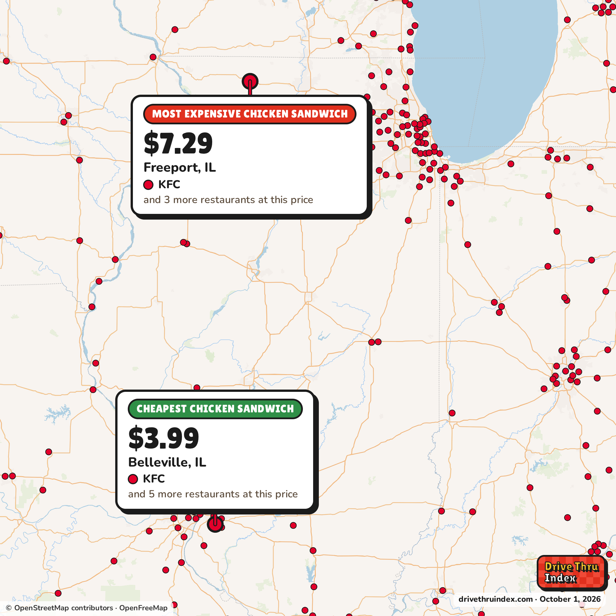 Map of Illinois marking the cheapest KFC Chicken Sandwich ($3.99 in Belleville, IL) and the most expensive ($7.29 in Freeport, IL).