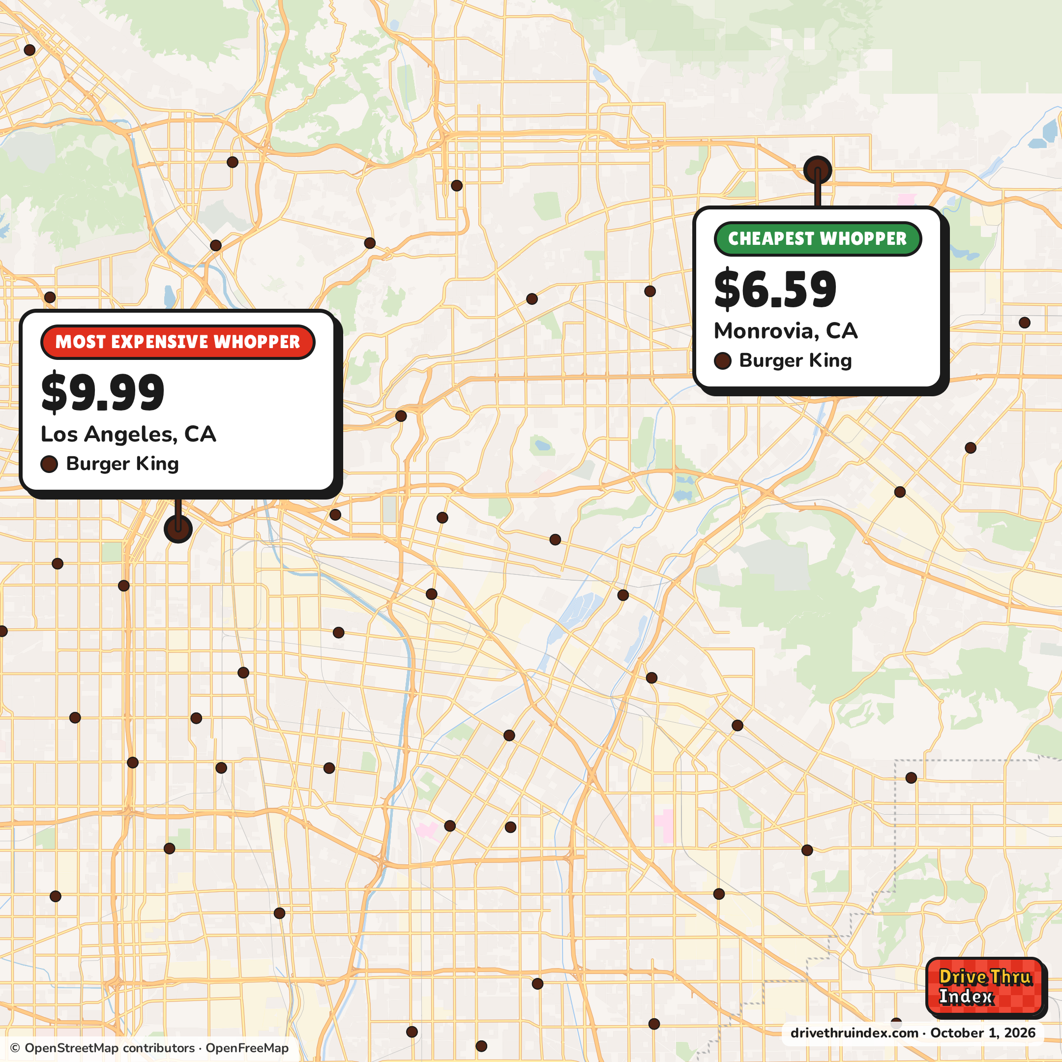 Map of the Los Angeles area marking the cheapest Burger King Whopper ($6.59 in Monrovia, CA) and the most expensive ($9.99 in Los Angeles, CA).