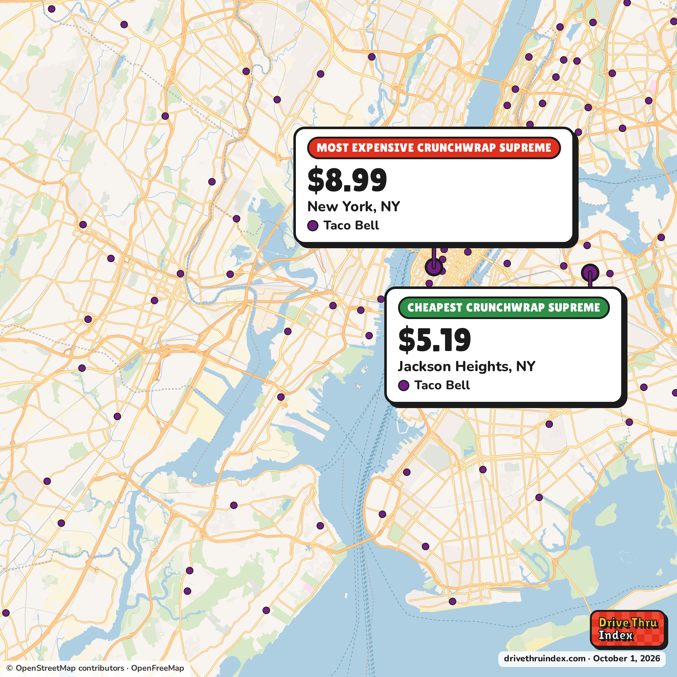Map of the New York City area marking the cheapest Taco Bell Crunchwrap Supreme ($5.19 in Jackson Heights, NY) and the most expensive ($8.99 in New York, NY).