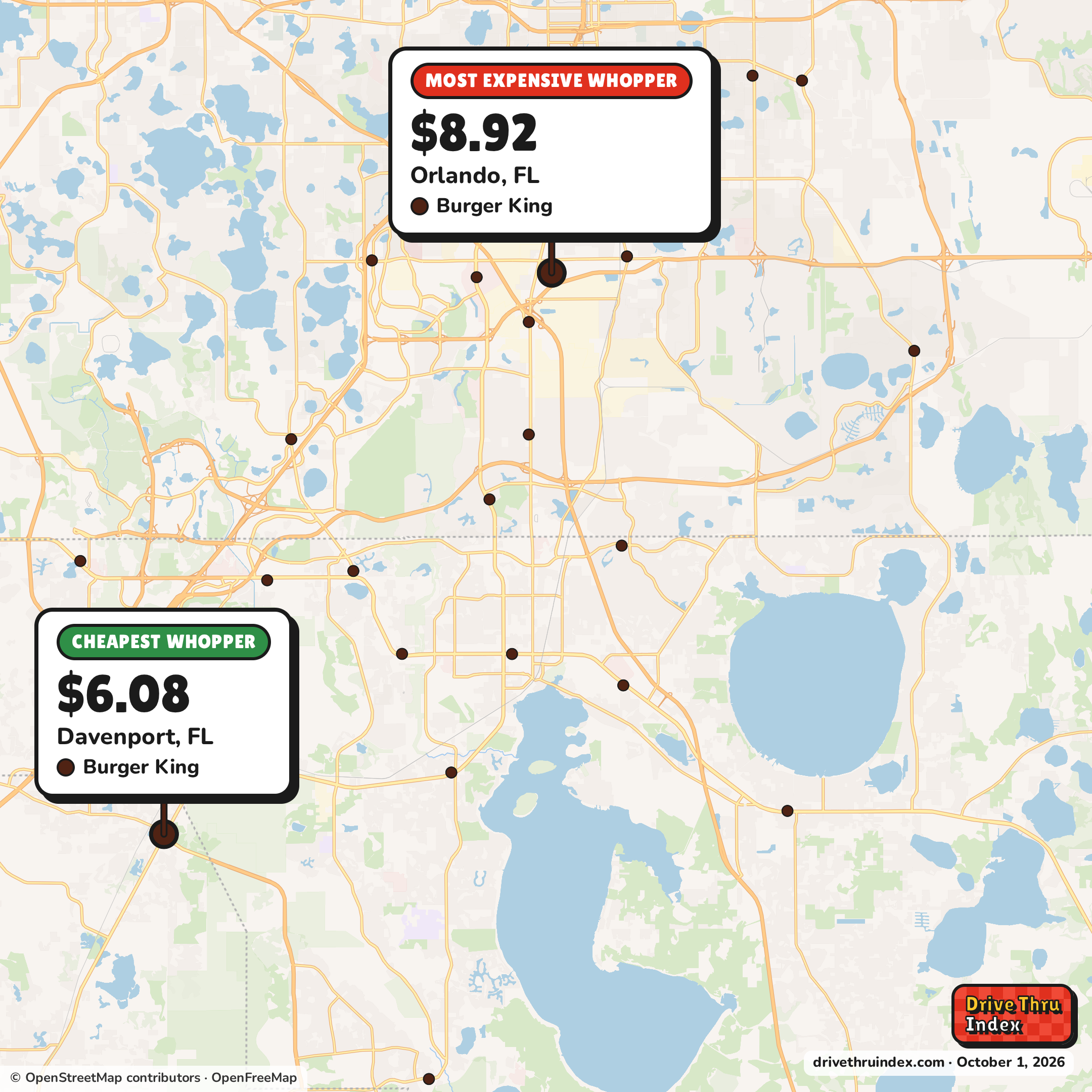 Map of the Orlando area marking the cheapest Burger King Whopper ($6.08 in Davenport, FL) and the most expensive ($8.92 in Orlando, FL).
