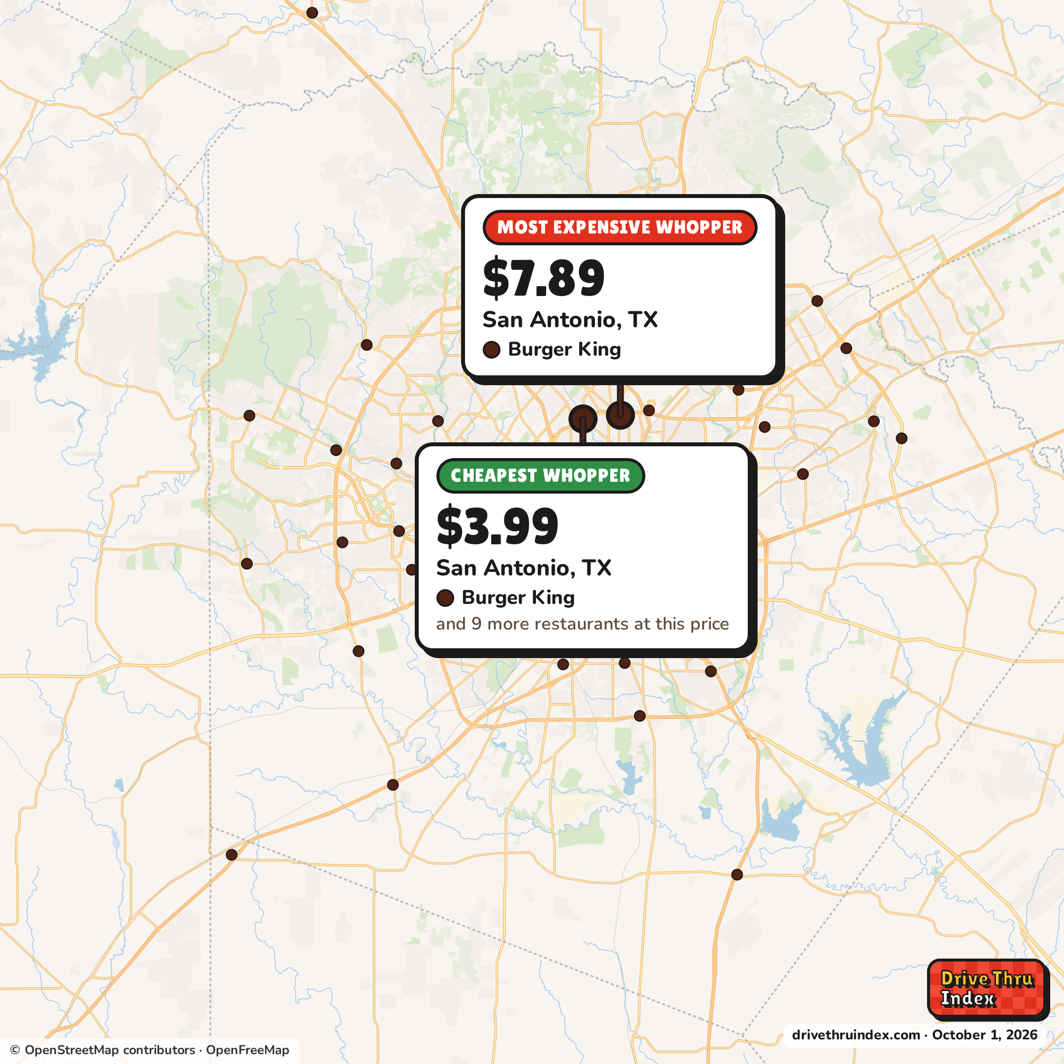 Map of the San Antonio area marking the cheapest Burger King Whopper ($3.99 in San Antonio, TX) and the most expensive ($7.89 in San Antonio, TX).