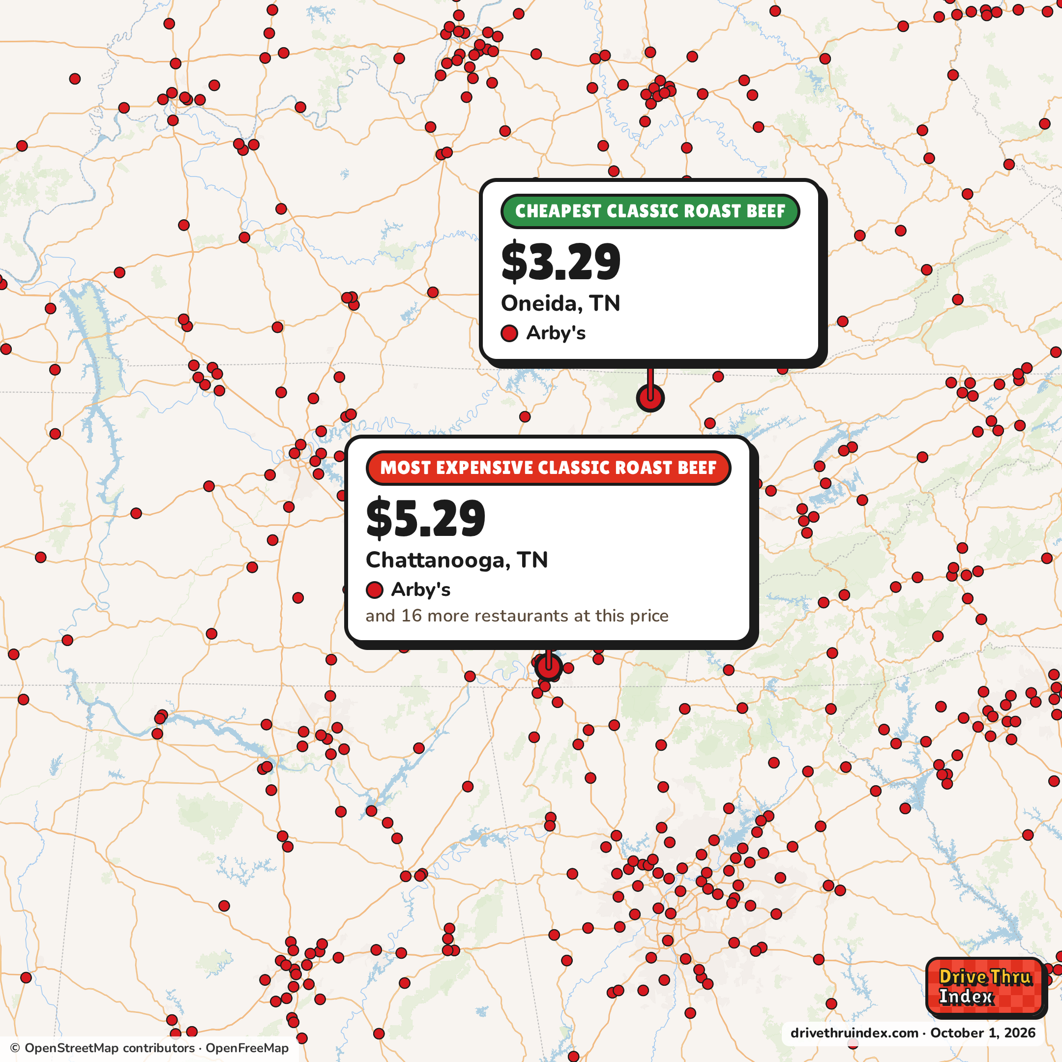 Map of Tennessee marking the cheapest Arby's Classic Roast Beef ($3.29 in Oneida, TN) and the most expensive ($5.29 in Chattanooga, TN).