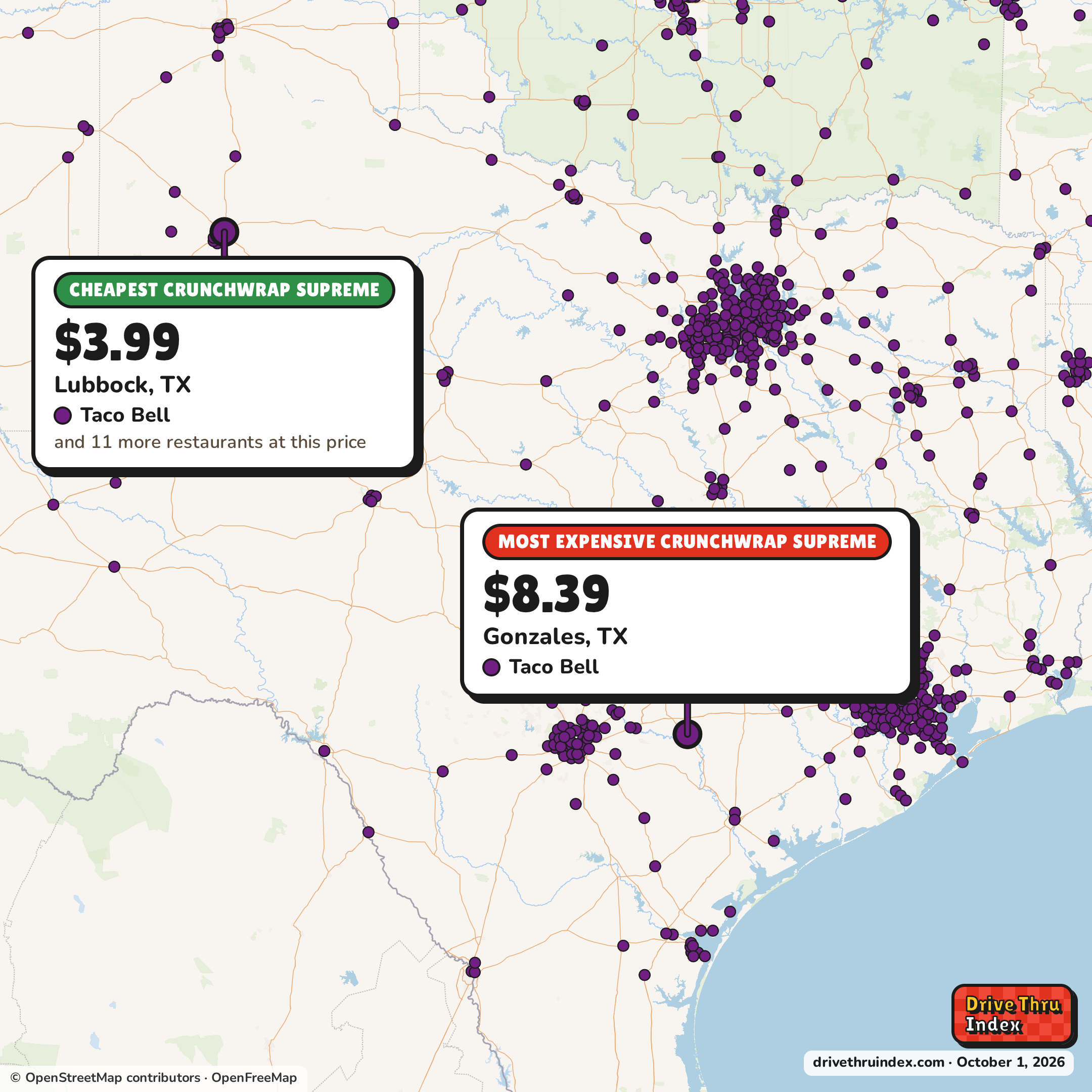 Map of Texas marking the cheapest Taco Bell Crunchwrap Supreme ($3.99 in Lubbock, TX) and the most expensive ($8.39 in Gonzales, TX).